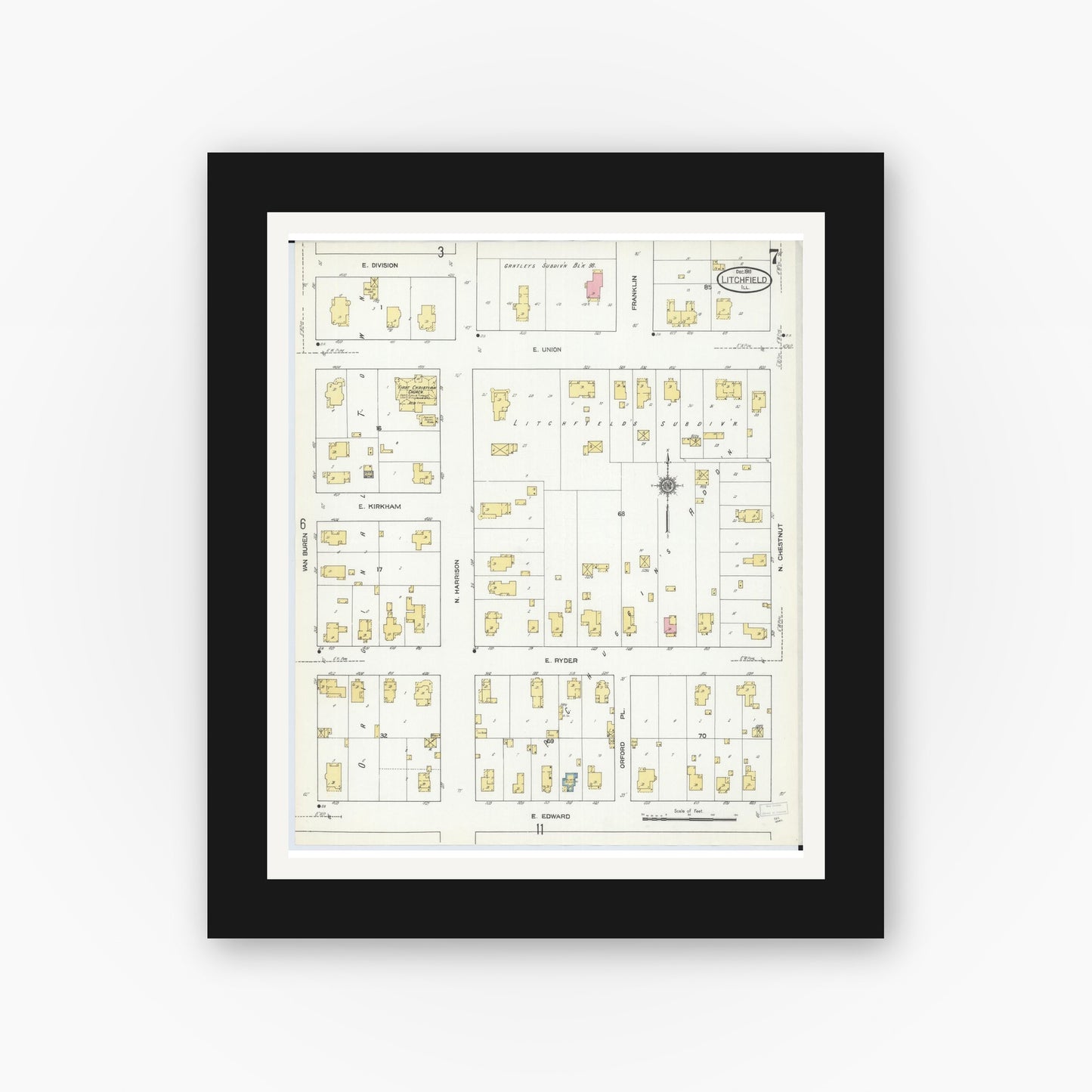 Old map wall art mockup — black gallery frame with white mat — Sanborn Fire Insurance Map from Litchfield, Montgomery County, Illinois (1910), Sheet #0007