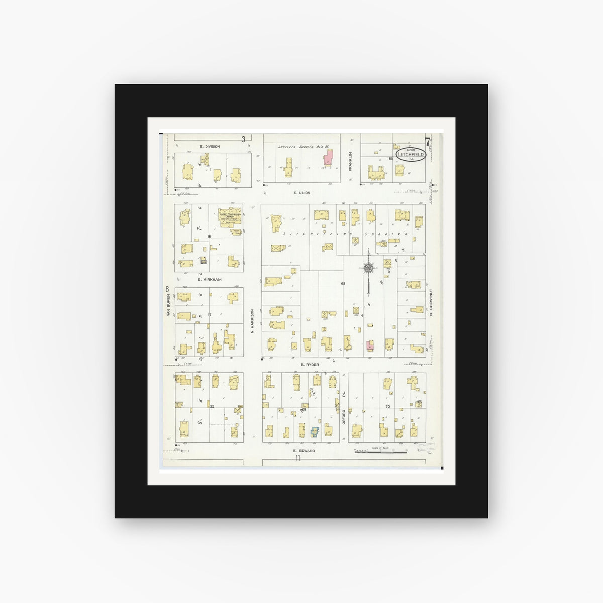 Old map wall art mockup — black gallery frame with white mat — Sanborn Fire Insurance Map from Litchfield, Montgomery County, Illinois (1910), Sheet #0007