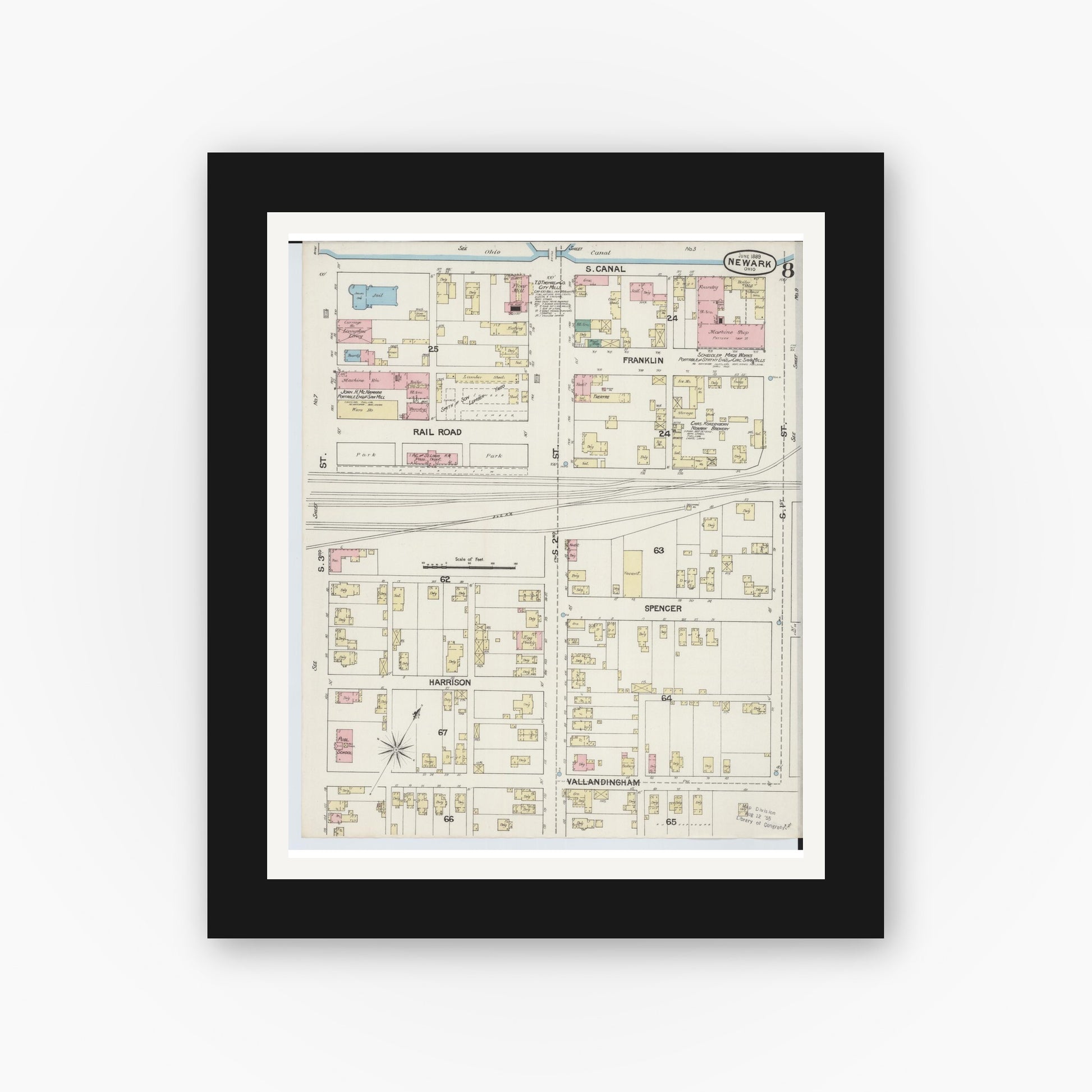 Old map wall art mockup — black gallery frame with white mat — Sanborn Fire Insurance Map from Newark, Licking County, Ohio (1889), Sheet #0008