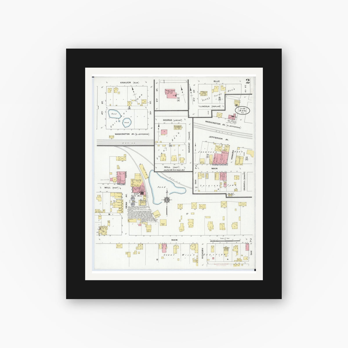 Old map wall art mockup — black gallery frame with white mat — Sanborn Fire Insurance Map from Ava, Jackson County, Illinois (1910), Sheet #0002