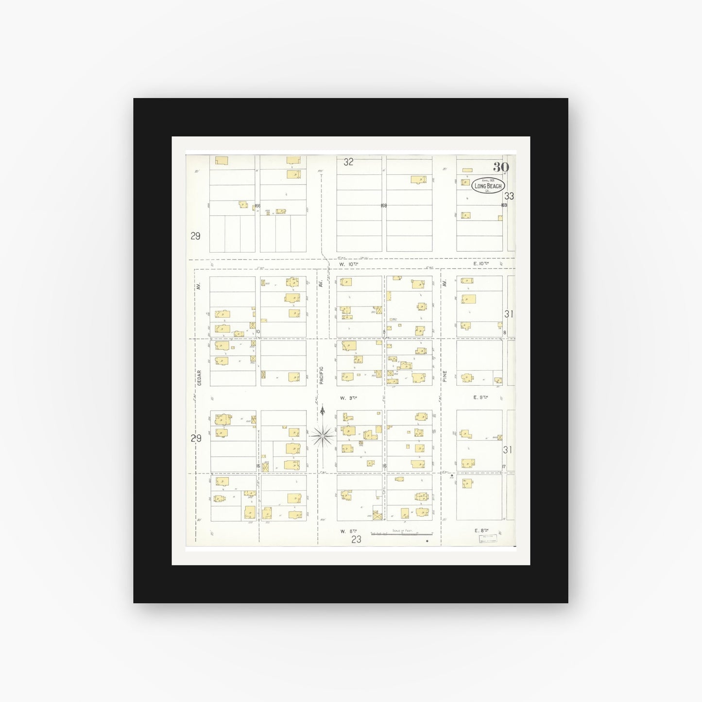 Old map wall art mockup — black gallery frame with white mat — Sanborn Fire Insurance Map from Long Beach, Los Angeles County, California (1905), Sheet #0030