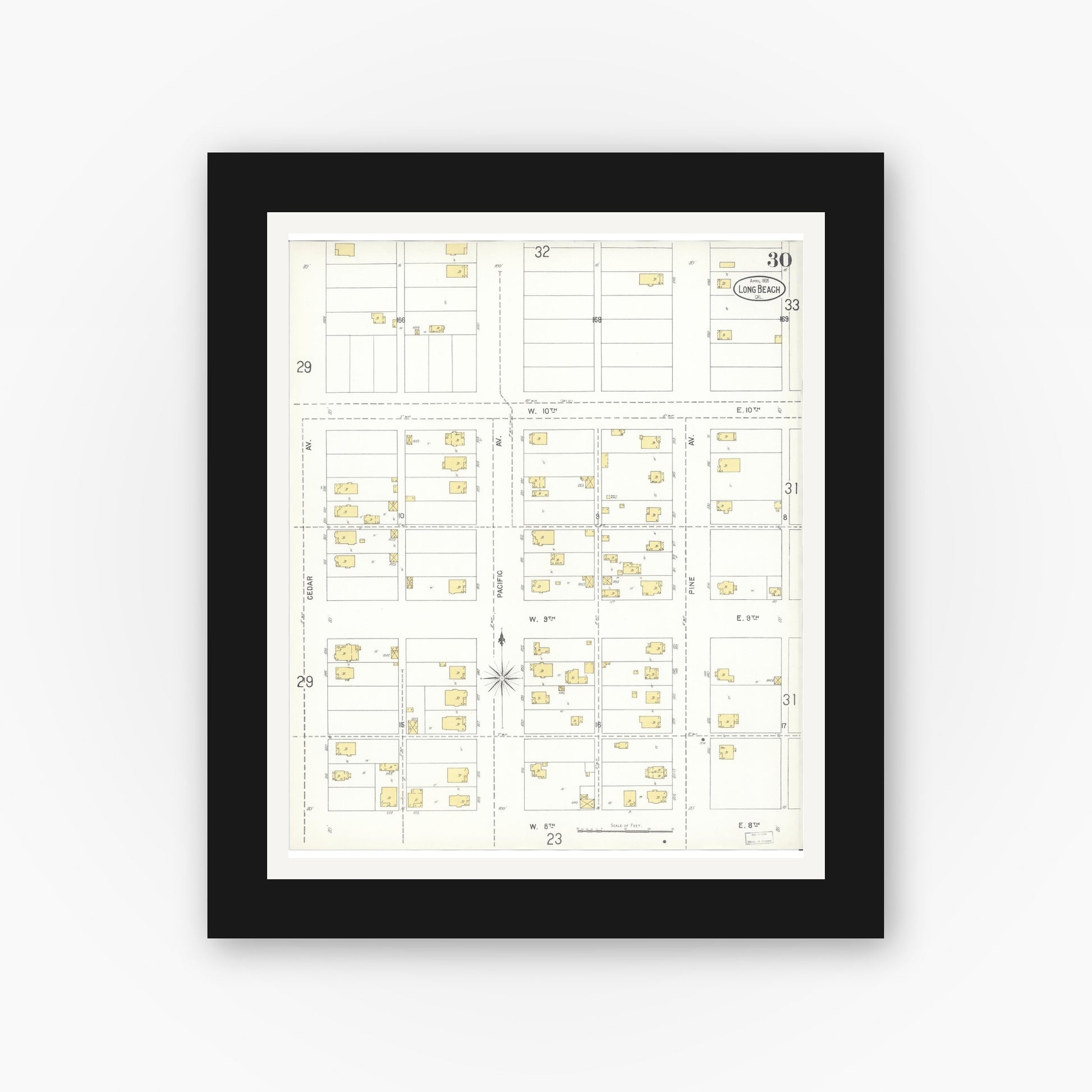 Old map wall art mockup — black gallery frame with white mat — Sanborn Fire Insurance Map from Long Beach, Los Angeles County, California (1905), Sheet #0030