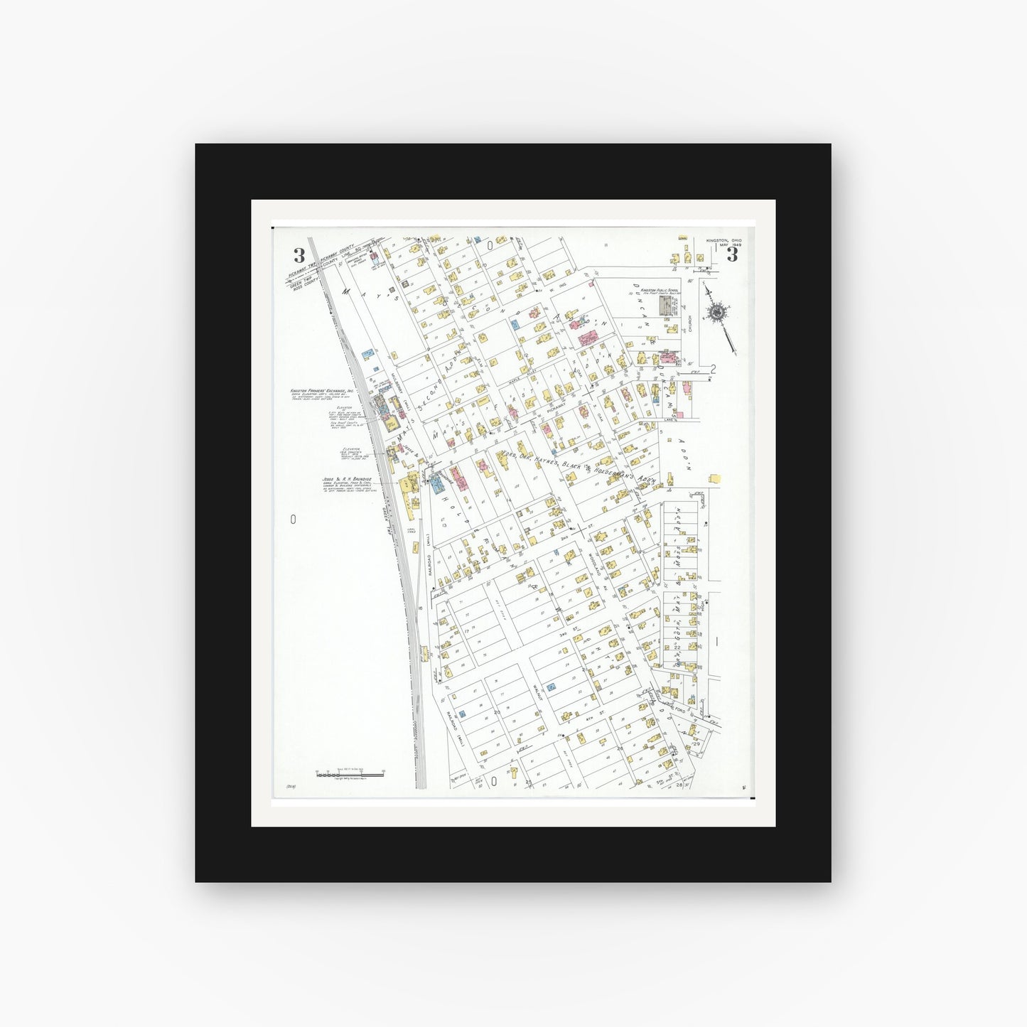Old map wall art mockup — black gallery frame with white mat — Sanborn Fire Insurance Map from Kingston, Ross County, Ohio (1949), Sheet #0003
