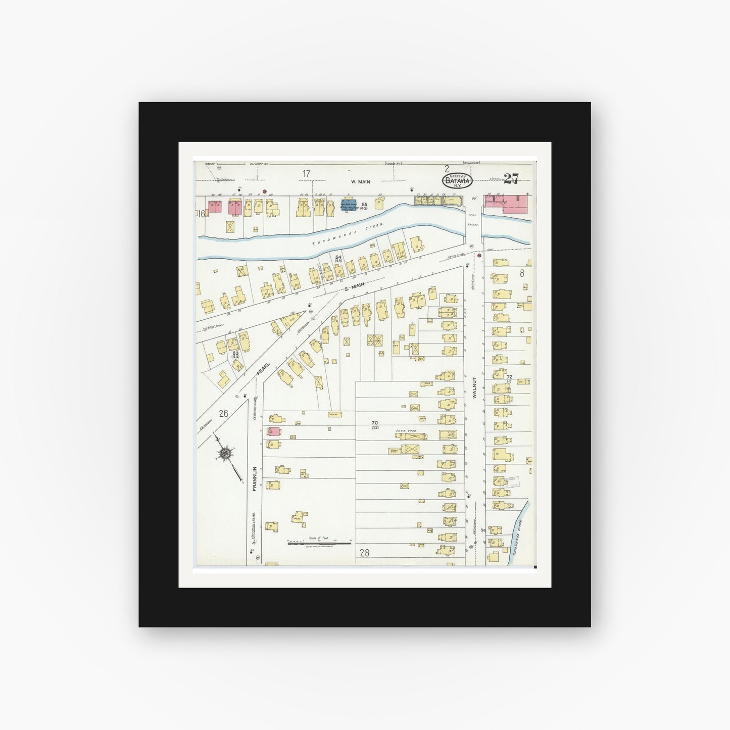 Old map wall art mockup — black gallery frame with white mat — Sanborn Fire Insurance Map from Batavia, Genesee County, New York (1919), Sheet #0027
