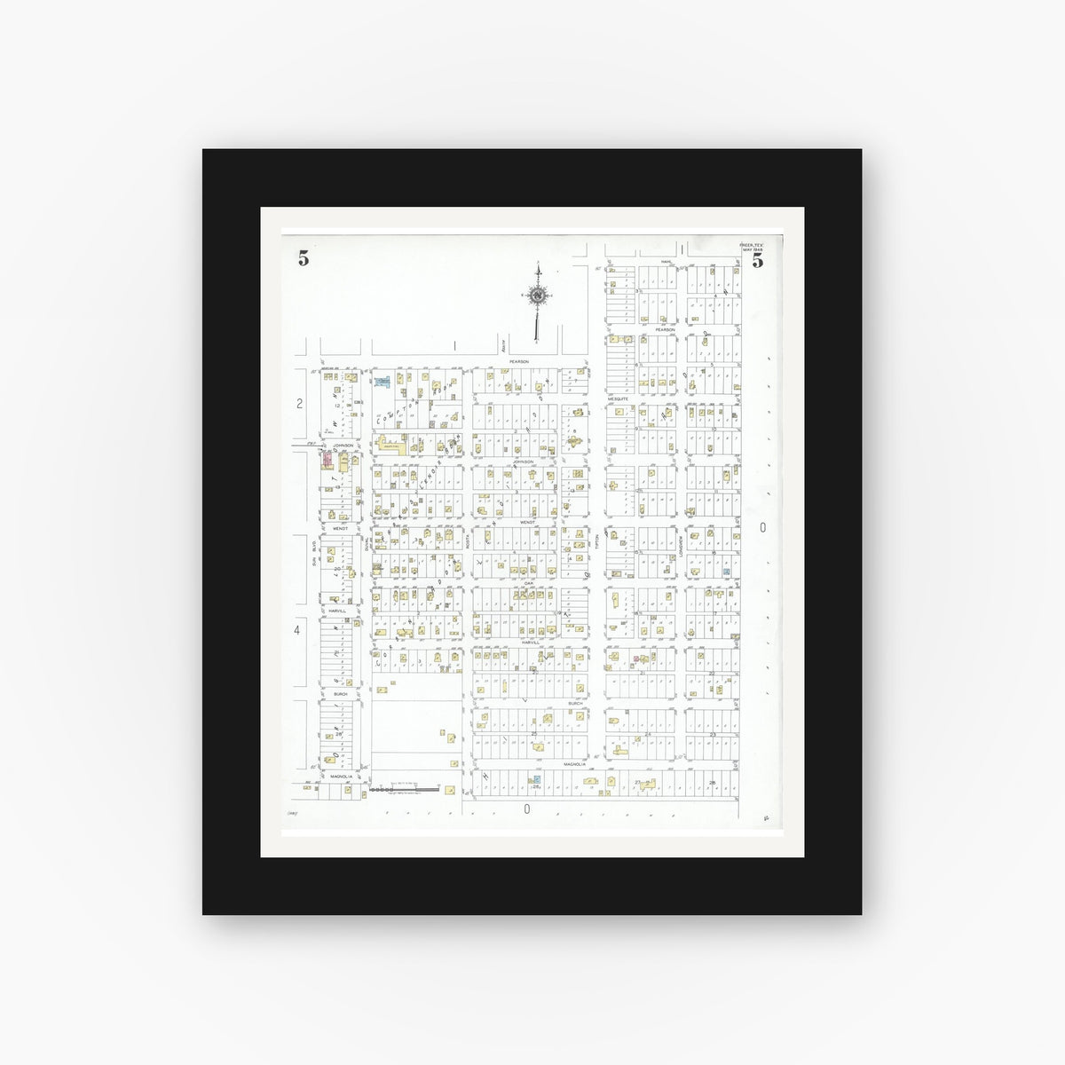 Old map wall art mockup — black gallery frame with white mat — Sanborn Fire Insurance Map from Freer, Duval County, Texas (1948), Sheet #0005