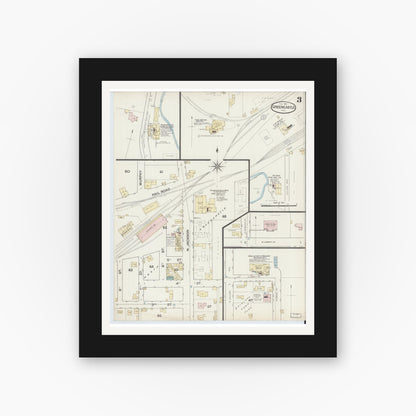 Old map wall art mockup — black gallery frame with white mat — Sanborn Fire Insurance Map from Greencastle, Putnam County, Indiana (1887), Sheet #0003