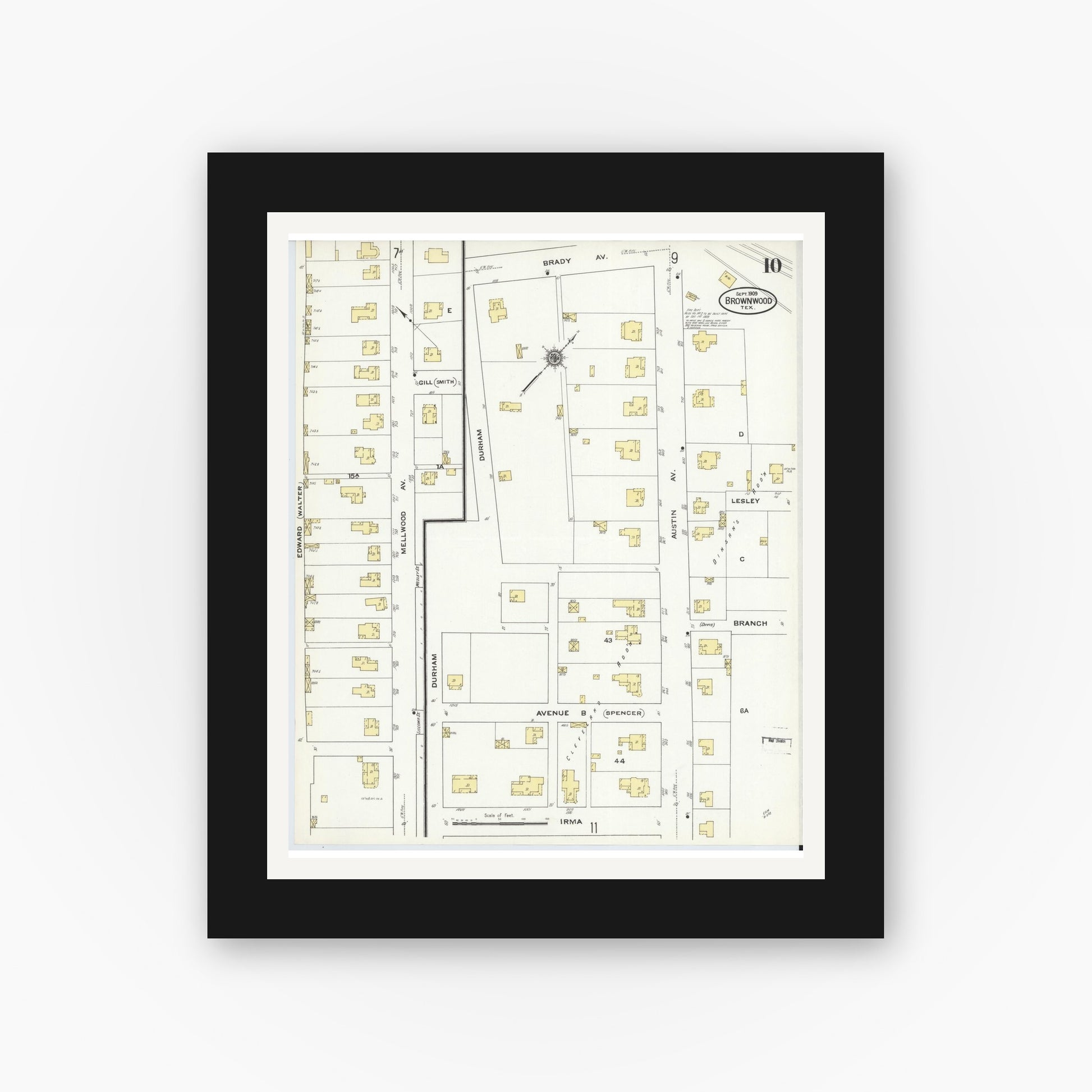 Old map wall art mockup — black gallery frame with white mat — Sanborn Fire Insurance Map from Brownwood, Brown County, Texas (1909), Sheet #0010