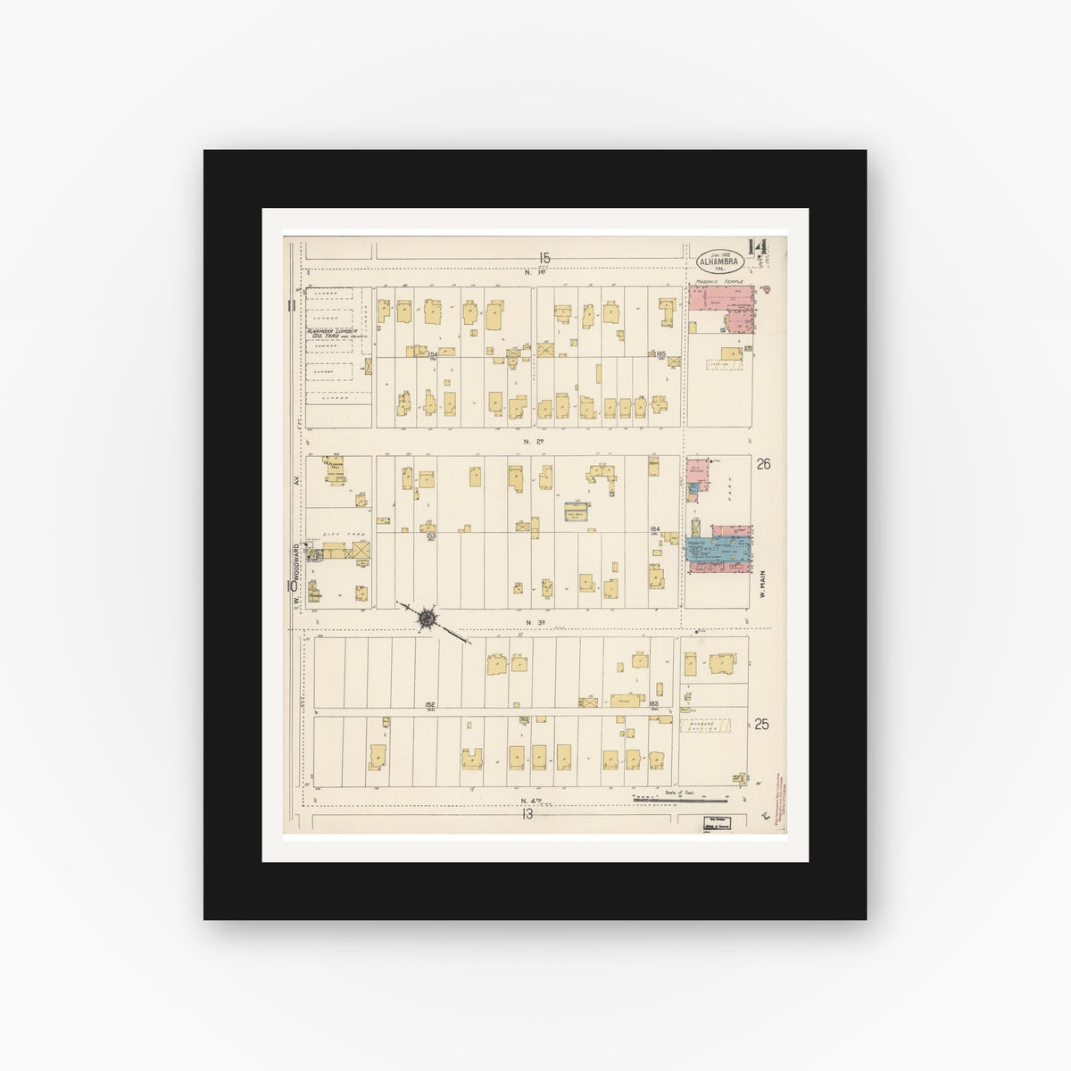 Old map wall art mockup — black gallery frame with white mat — Sanborn Fire Insurance Map from Alhambra, Los Angeles County, California (1912), Sheet #0014