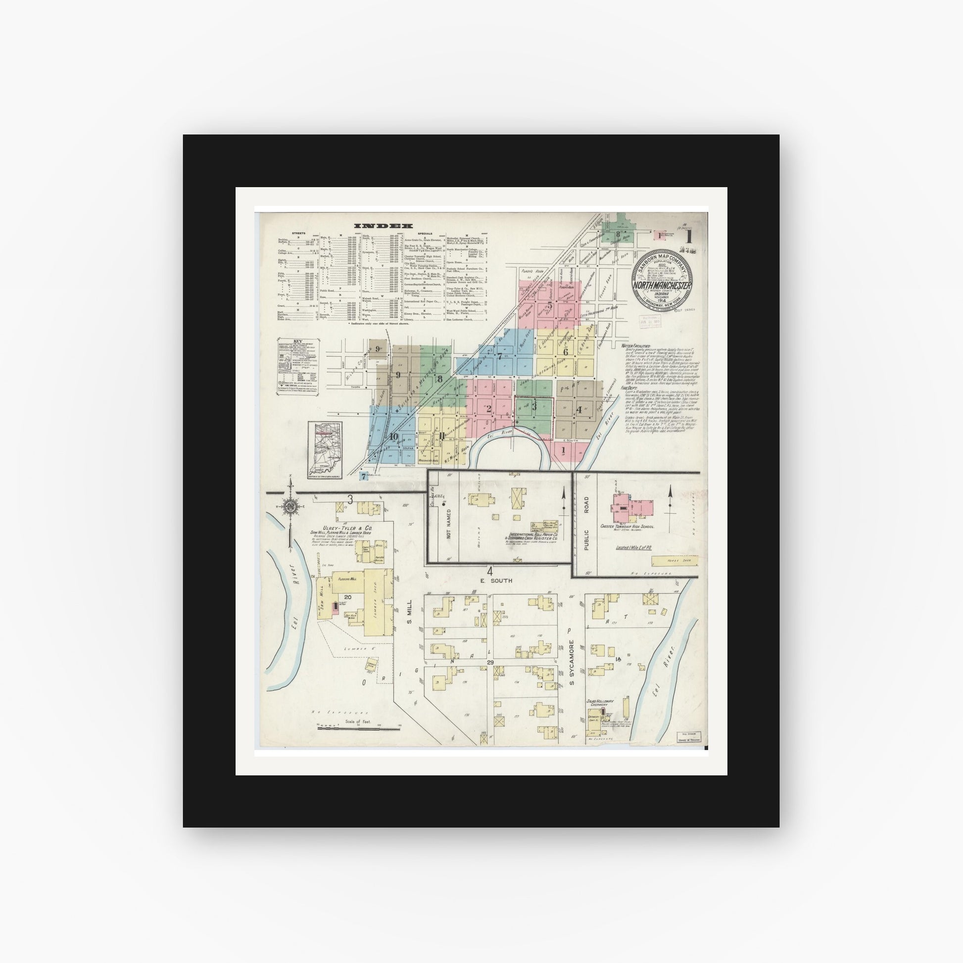 Old map wall art mockup — black gallery frame with white mat — Sanborn Fire Insurance Map from North Manchester, Wabash County, Indiana (1914) - Complete Map Set