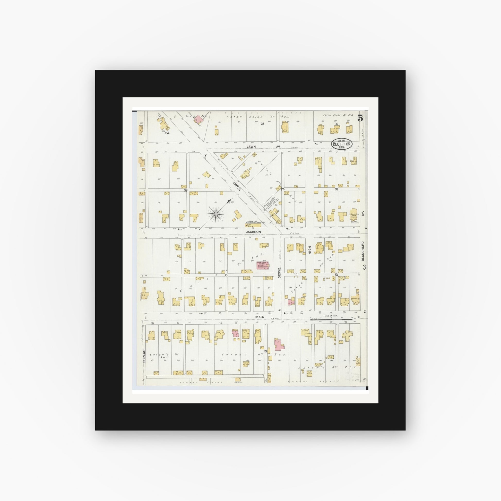 Old map wall art mockup — black gallery frame with white mat — Sanborn Fire Insurance Map from Bluffton, Allen County, Ohio (1901), Sheet #0005