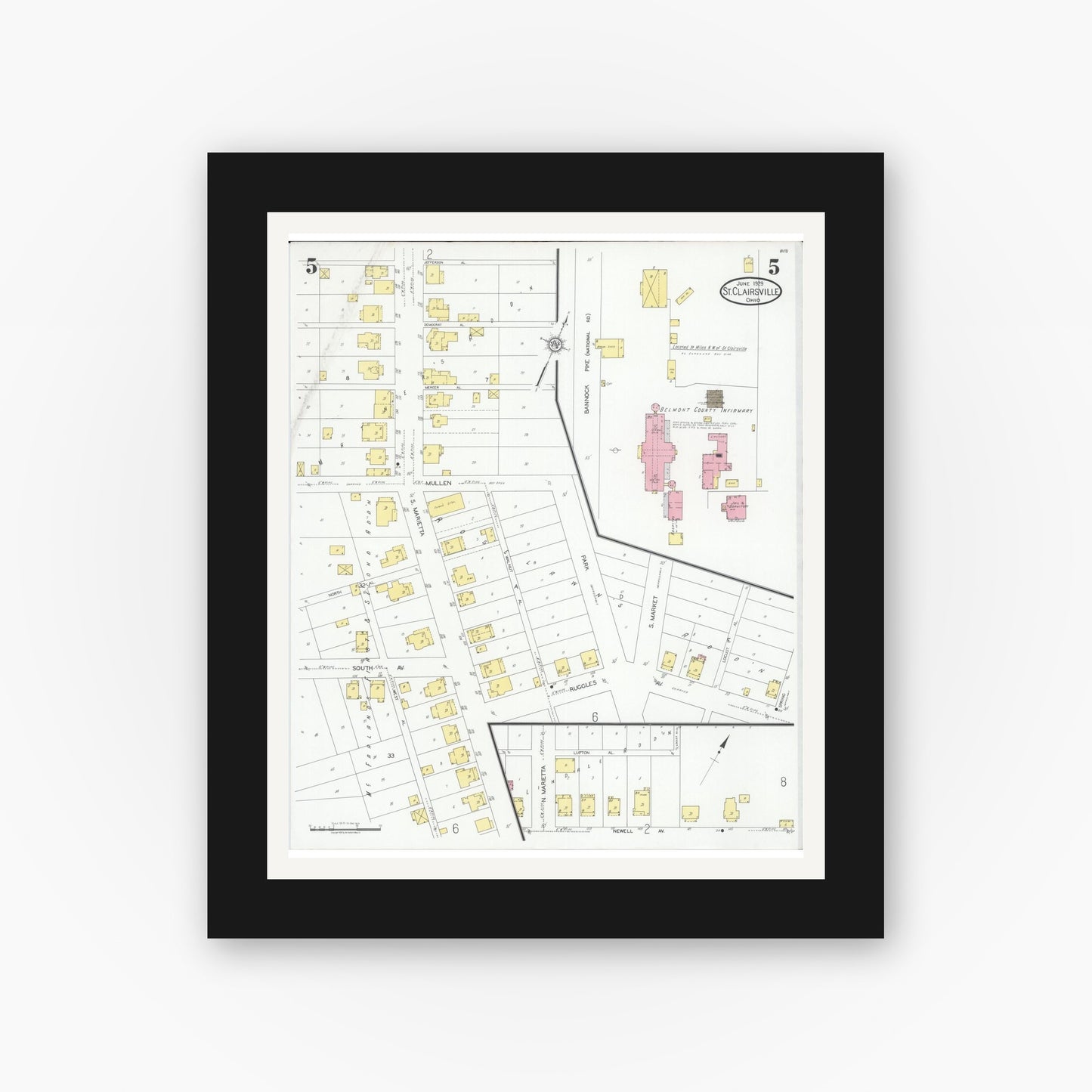 Old map wall art mockup — black gallery frame with white mat — Sanborn Fire Insurance Map from Saint Clairsville, Belmont County, Ohio (1929), Sheet #0005