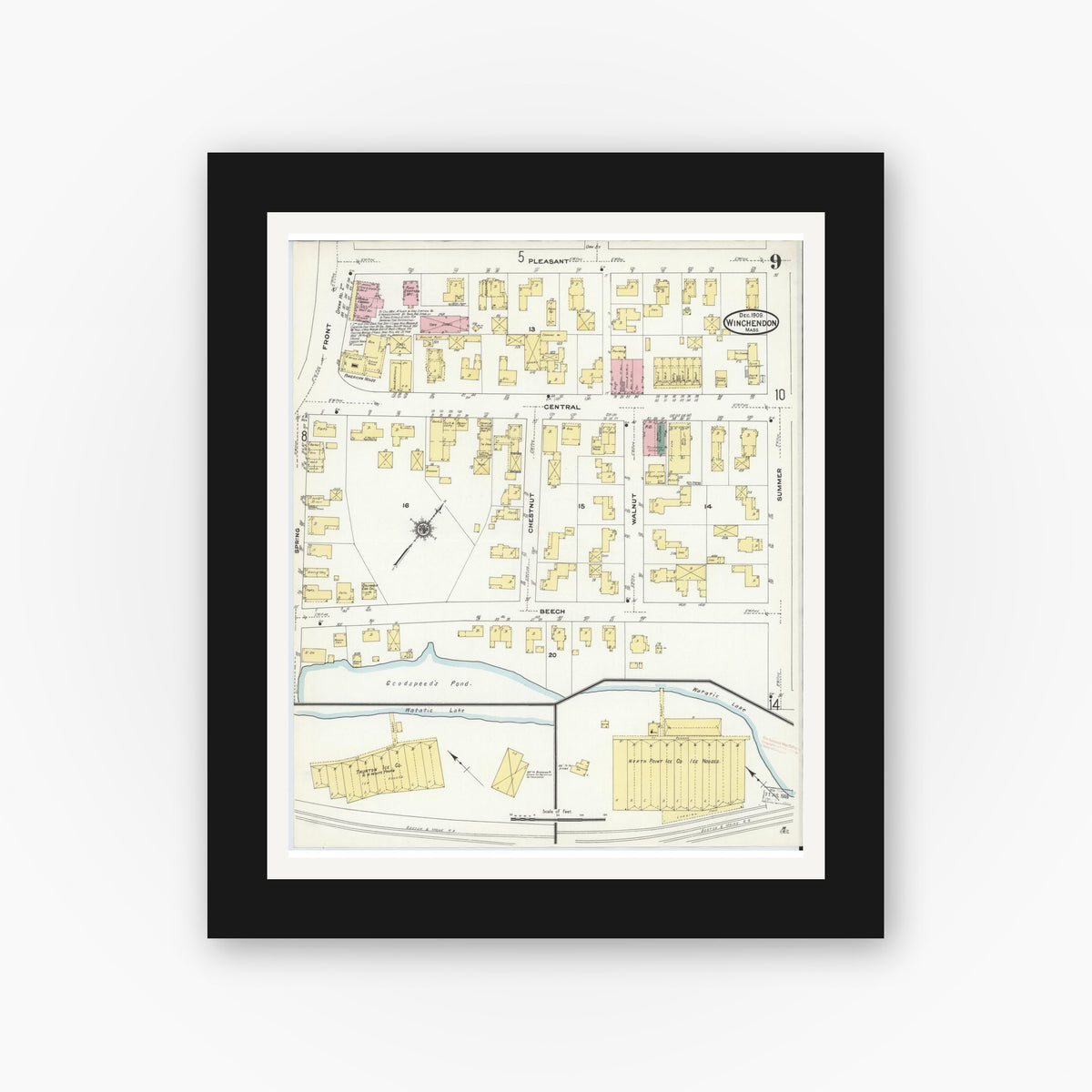 Old map wall art mockup — black gallery frame with white mat — Sanborn Fire Insurance Map from Winchendon, Worcester County, Massachusetts (1909), Sheet #0009