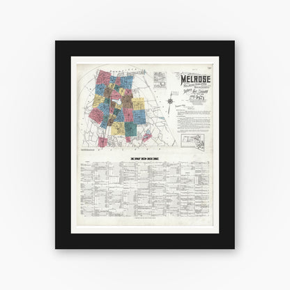Old map wall art mockup — black gallery frame with white mat — Sanborn Fire Insurance Map from Melrose, Middlesex County, Massachusetts (1923), Sheet #0001