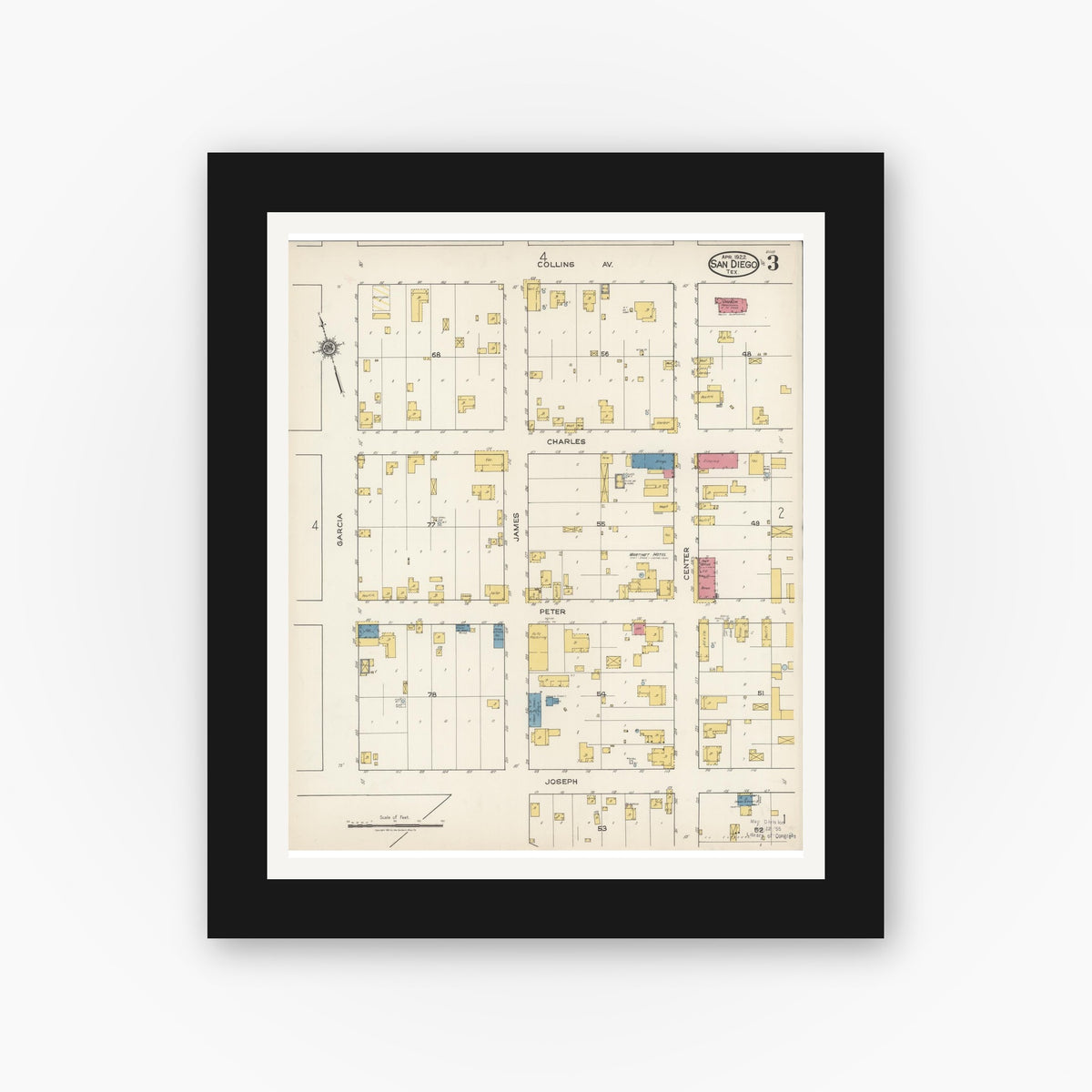 Old map wall art mockup — black gallery frame with white mat — Sanborn Fire Insurance Map from San Diego, Duval And Jim Wells Counties, Texas (1922), Sheet #0003
