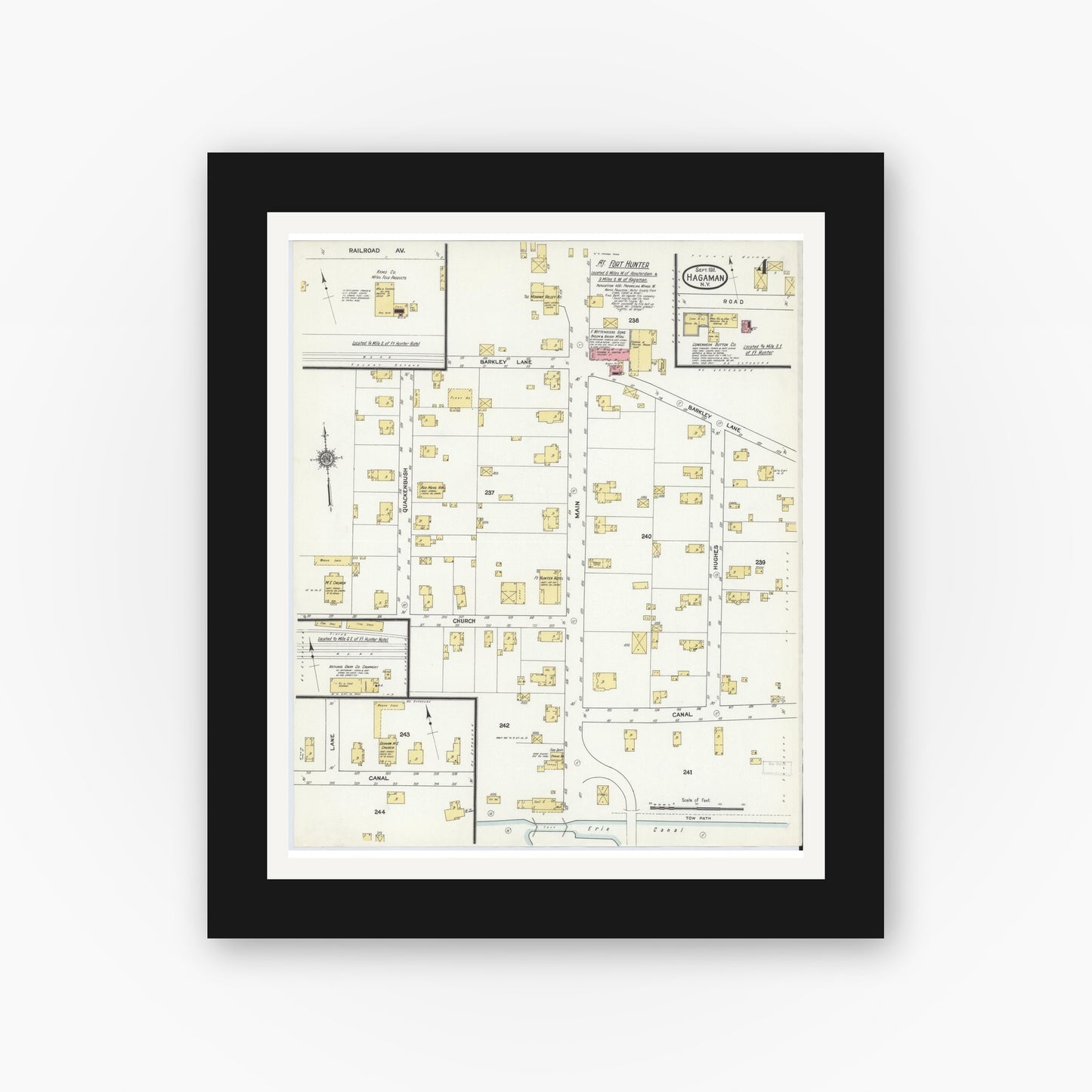 Old map wall art mockup — black gallery frame with white mat — Sanborn Fire Insurance Map from Hagaman, Montgomery County, New York (1911), Sheet #0004