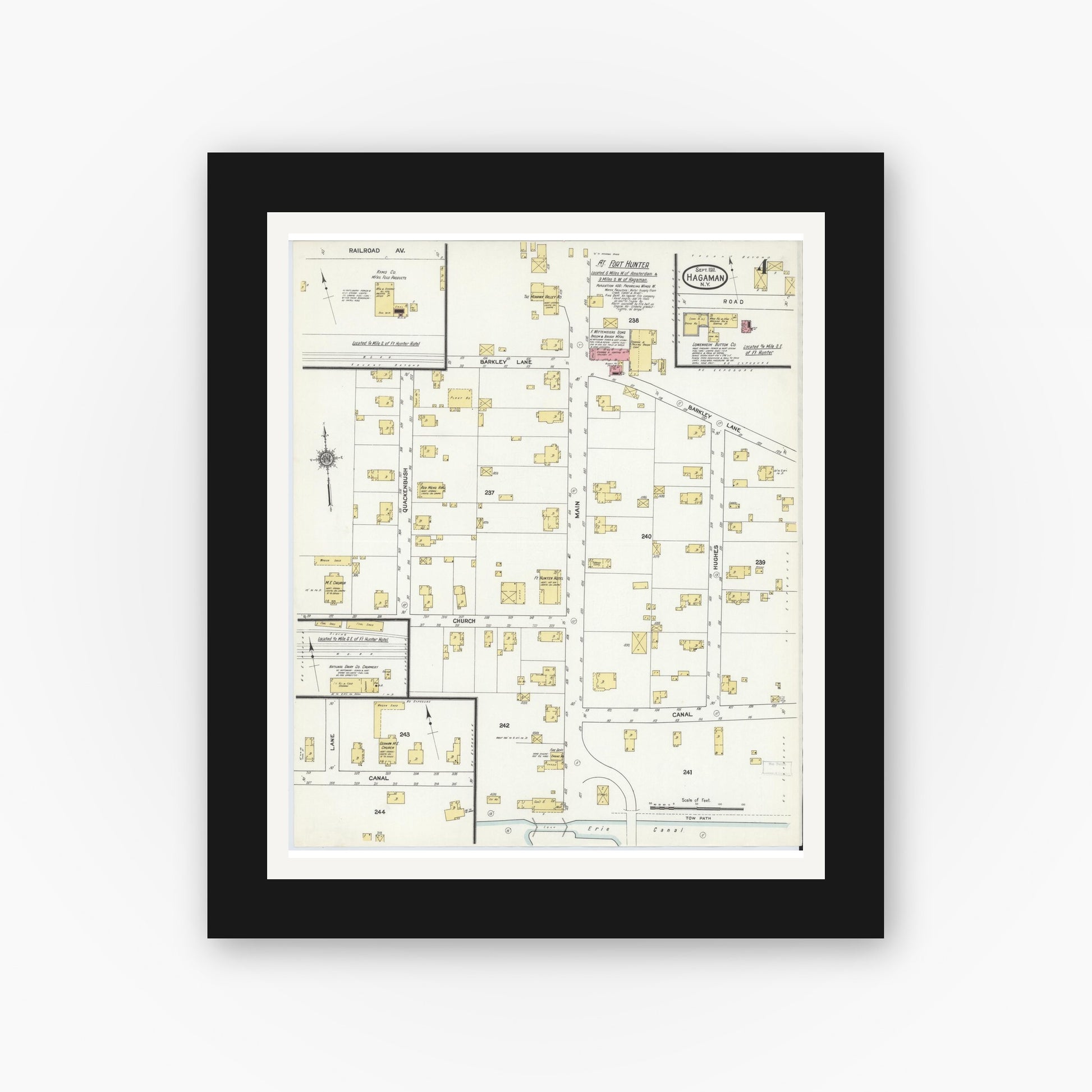Old map wall art mockup — black gallery frame with white mat — Sanborn Fire Insurance Map from Hagaman, Montgomery County, New York (1911), Sheet #0004