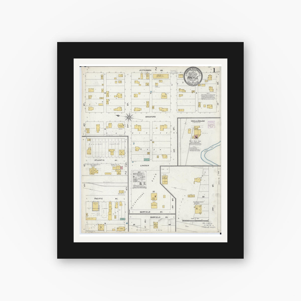 Old map wall art mockup — black gallery frame with white mat — Sanborn Fire Insurance Map from Argyle, Marshall County, Minnesota (1904), Sheet #0001