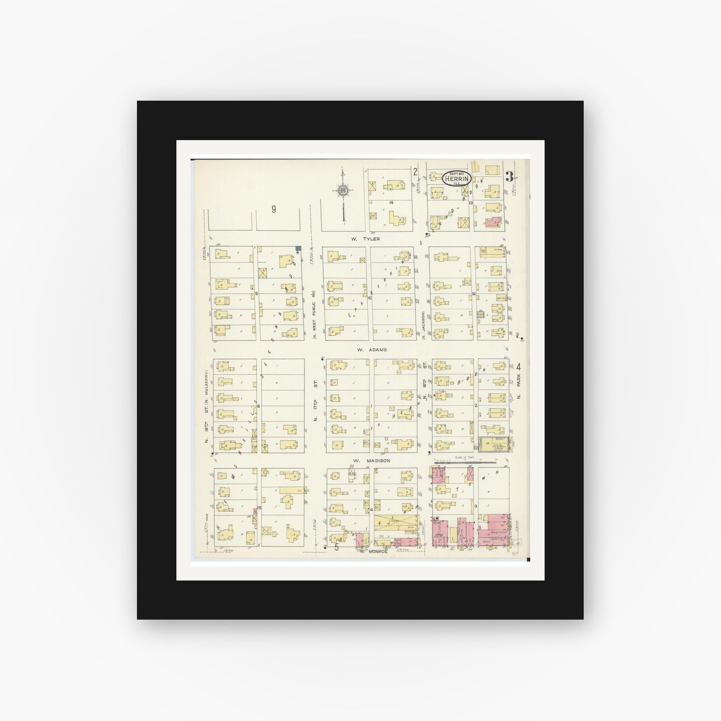 Old map wall art mockup — black gallery frame with white mat — Sanborn Fire Insurance Map from Herrin, Williamson County, Illinois (1913), Sheet #0003