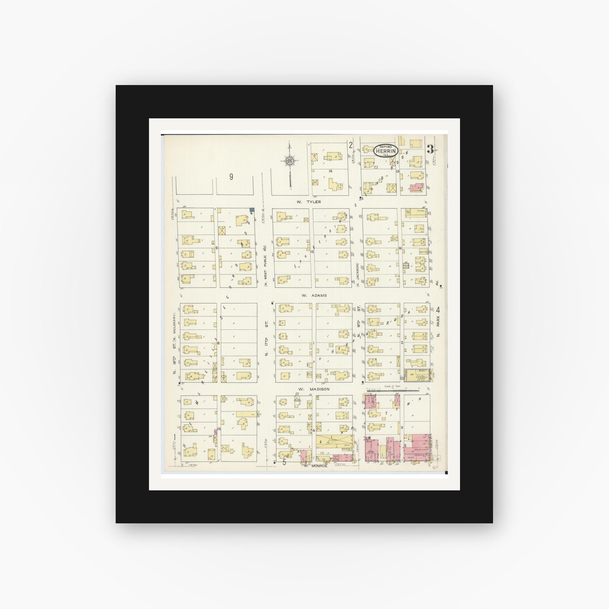 Old map wall art mockup — black gallery frame with white mat — Sanborn Fire Insurance Map from Herrin, Williamson County, Illinois (1913), Sheet #0003