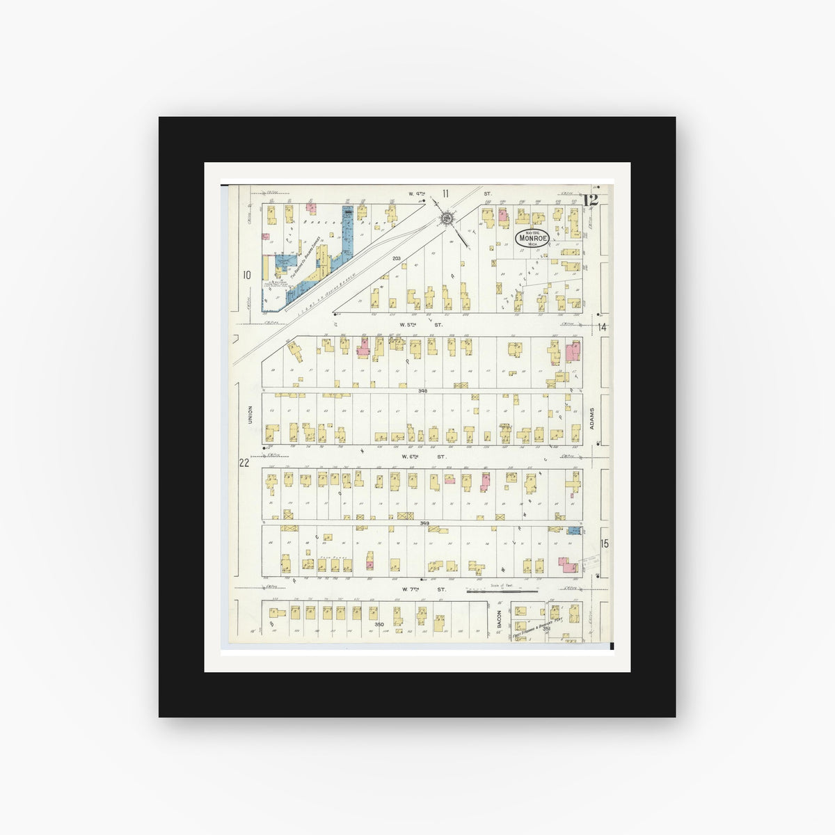 Old map wall art mockup — black gallery frame with white mat — Sanborn Fire Insurance Map from Monroe, Monroe County, Michigan (1916), Sheet #0012
