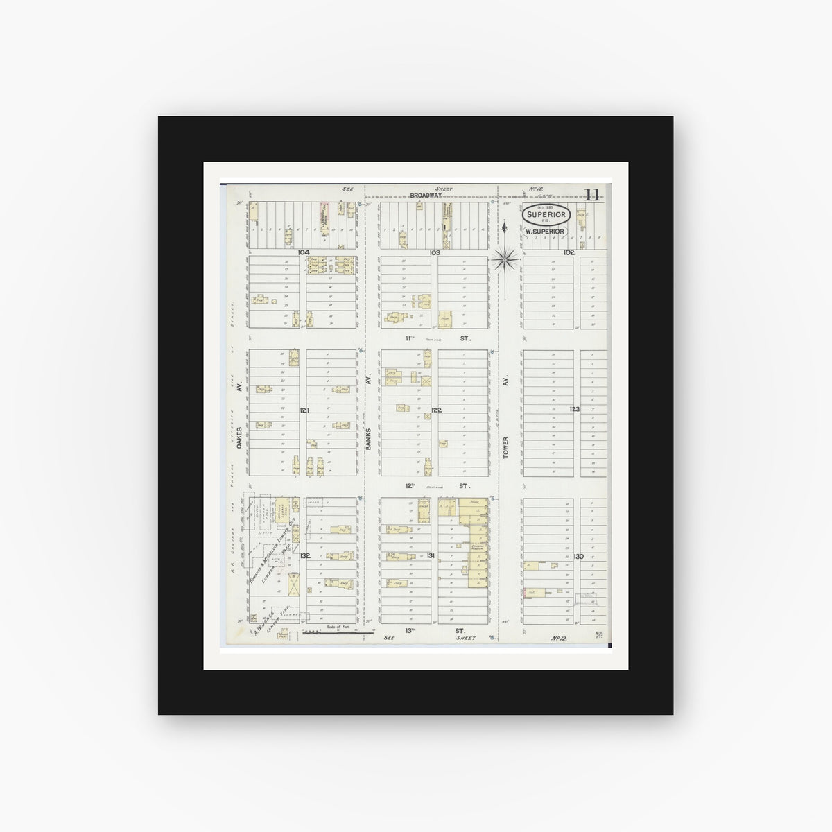 Old map wall art mockup — black gallery frame with white mat — Sanborn Fire Insurance Map from Superior, Douglas County, Wisconsin (1887), Sheet #0011