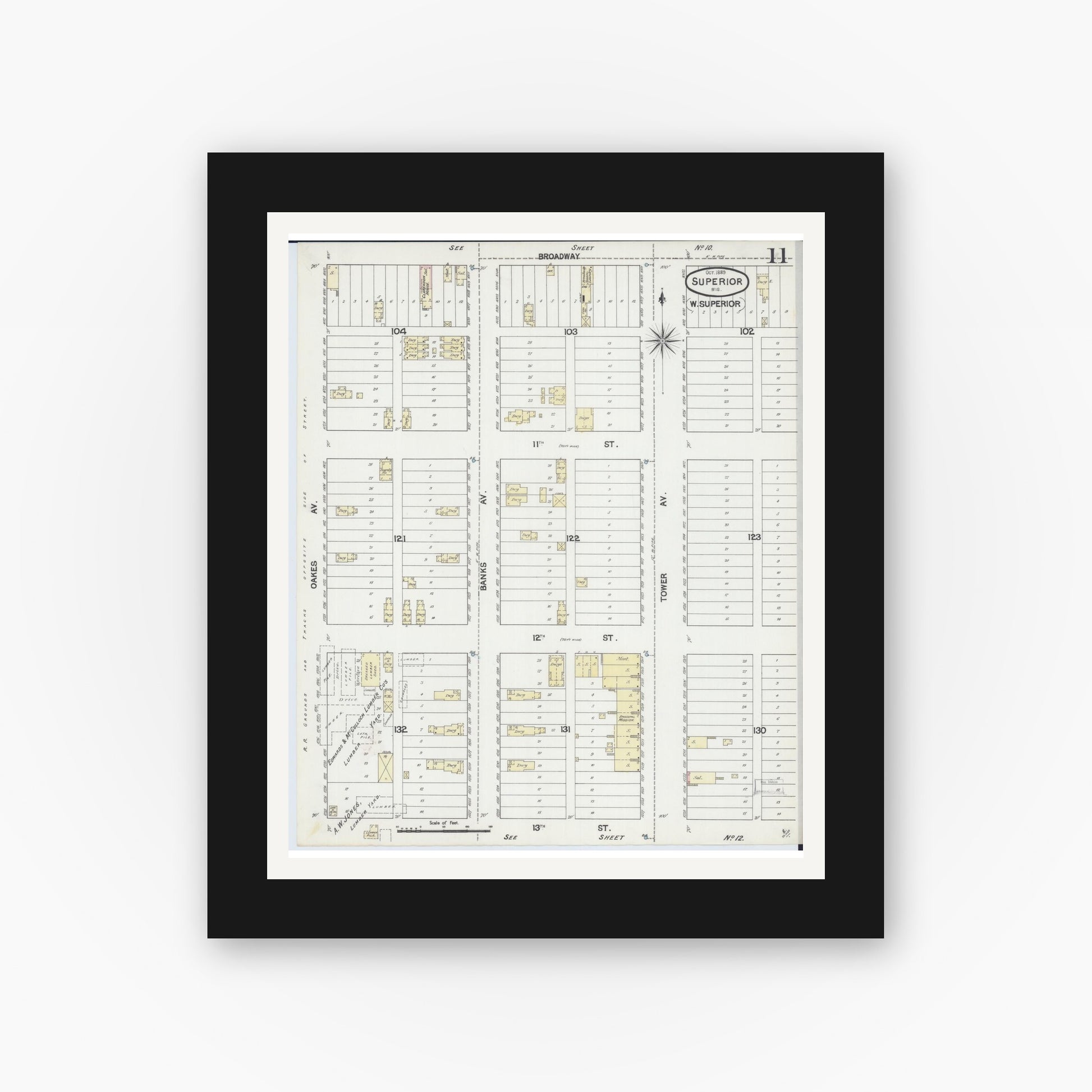 Old map wall art mockup — black gallery frame with white mat — Sanborn Fire Insurance Map from Superior, Douglas County, Wisconsin (1887), Sheet #0011