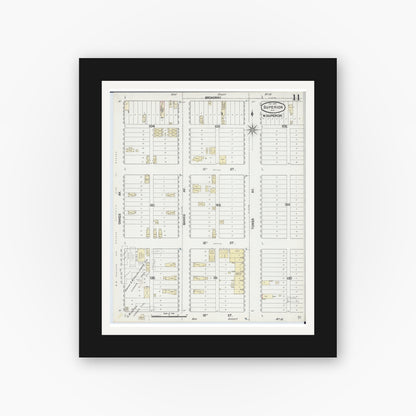 Old map wall art mockup — black gallery frame with white mat — Sanborn Fire Insurance Map from Superior, Douglas County, Wisconsin (1887), Sheet #0011