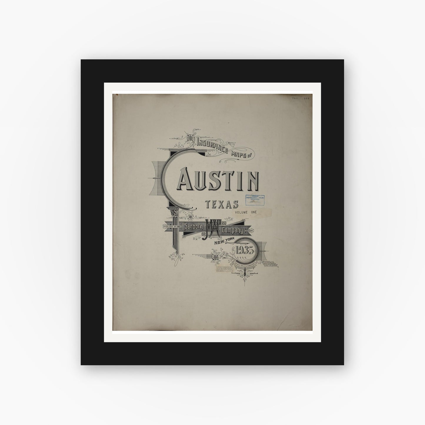 Old map wall art mockup — black gallery frame with white mat — Sanborn Fire Insurance Map from Austin, Travis County, Texas (1961), Sheet #0001