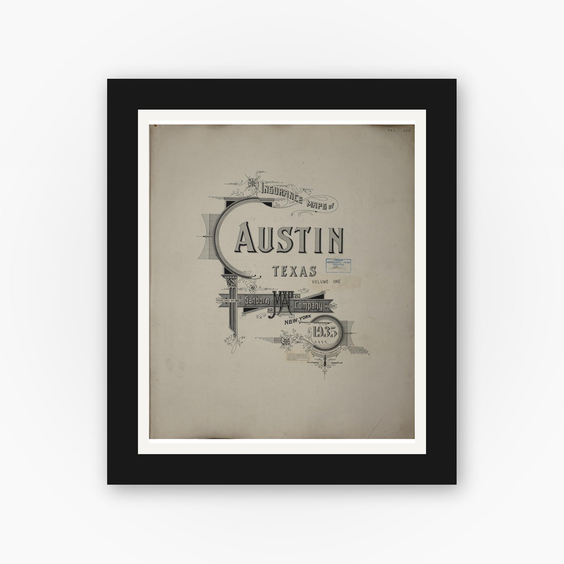 Old map wall art mockup — black gallery frame with white mat — Sanborn Fire Insurance Map from Austin, Travis County, Texas (1961), Sheet #0001