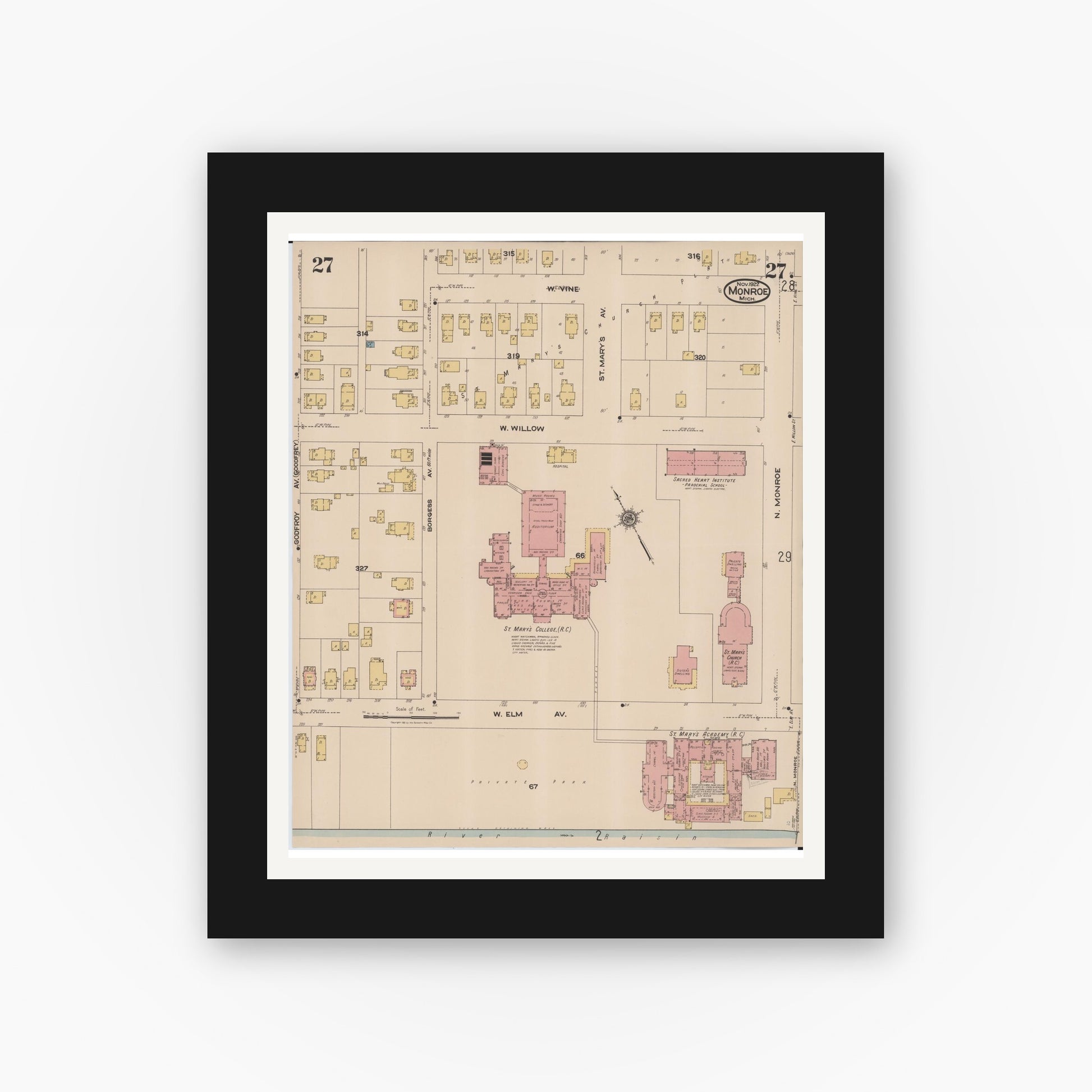 Old map wall art mockup — black gallery frame with white mat — Sanborn Fire Insurance Map from Monroe, Monroe County, Michigan (1922), Sheet #0027
