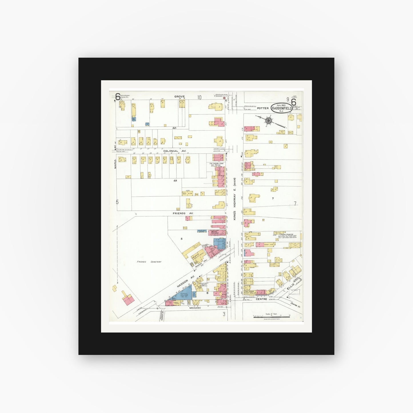 Old map wall art mockup — black gallery frame with white mat — Sanborn Fire Insurance Map from Haddonfield, Camden County, New Jersey (1923), Sheet #0006
