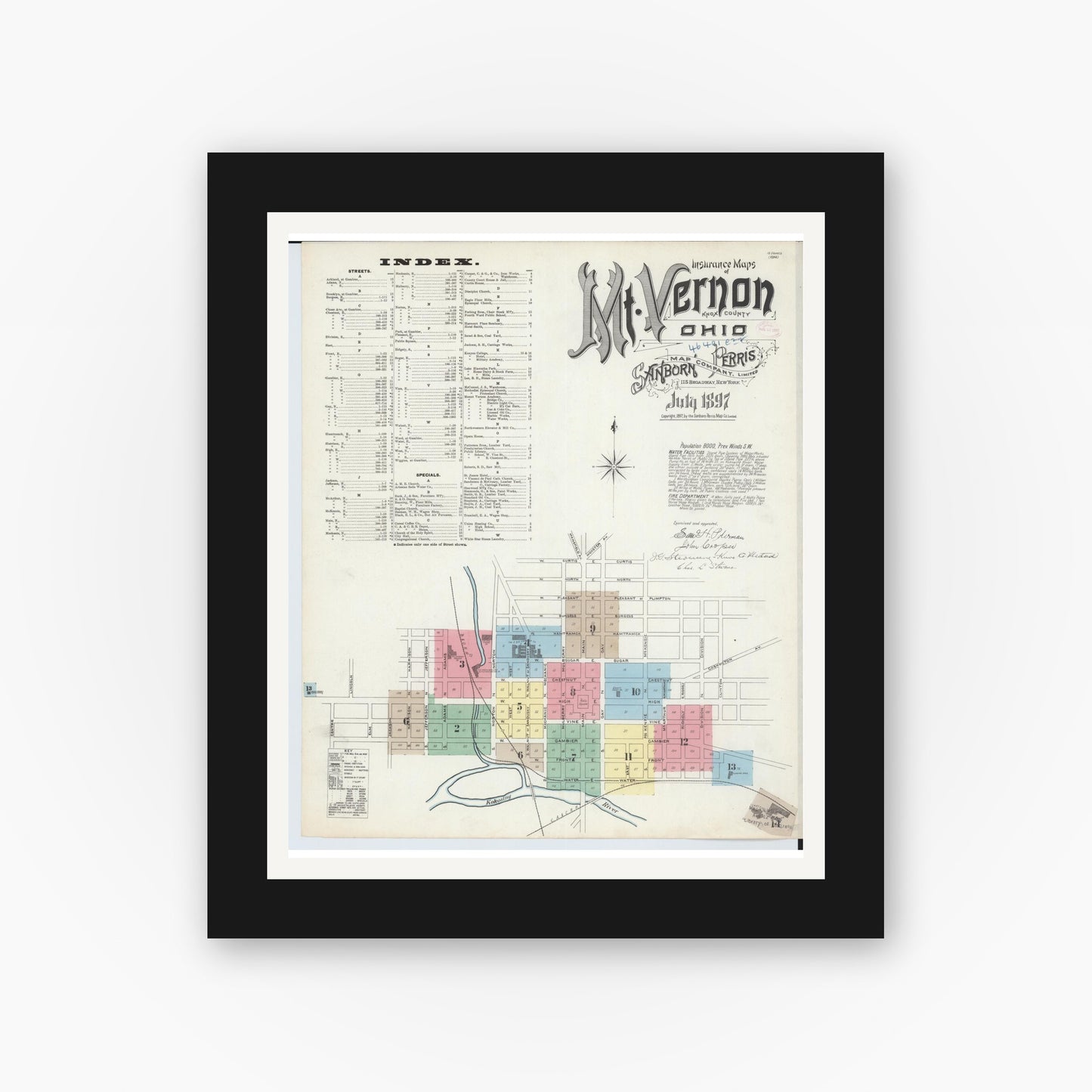 Old map wall art mockup — black gallery frame with white mat — Sanborn Fire Insurance Map from Mount Vernon, Knox County, Ohio (1897) - Complete Map Set