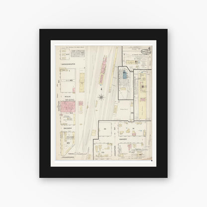 Old map wall art mockup — black gallery frame with white mat — Sanborn Fire Insurance Map from Denison, Grayson County, Texas (1885), Sheet #0004