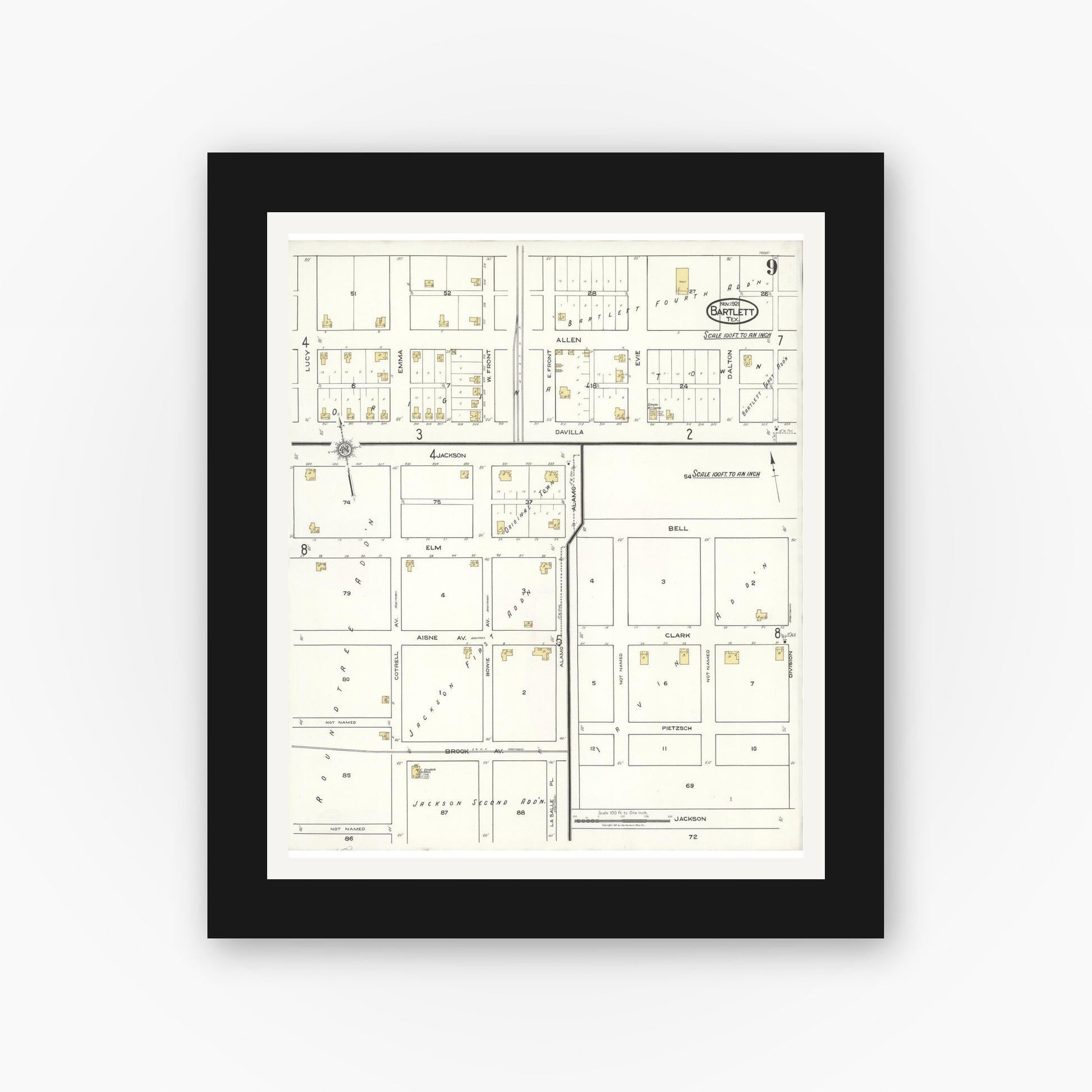 Old map wall art mockup — black gallery frame with white mat — Sanborn Fire Insurance Map from Bartlett, Bell and Williamson Counties, Texas (1921), Sheet #0009