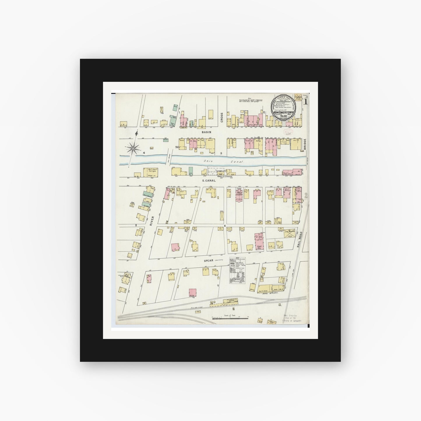 Old map wall art mockup — black gallery frame with white mat — Sanborn Fire Insurance Map from Newcomerstown, Tuscarawas County, Ohio (1895) - Complete Map Set