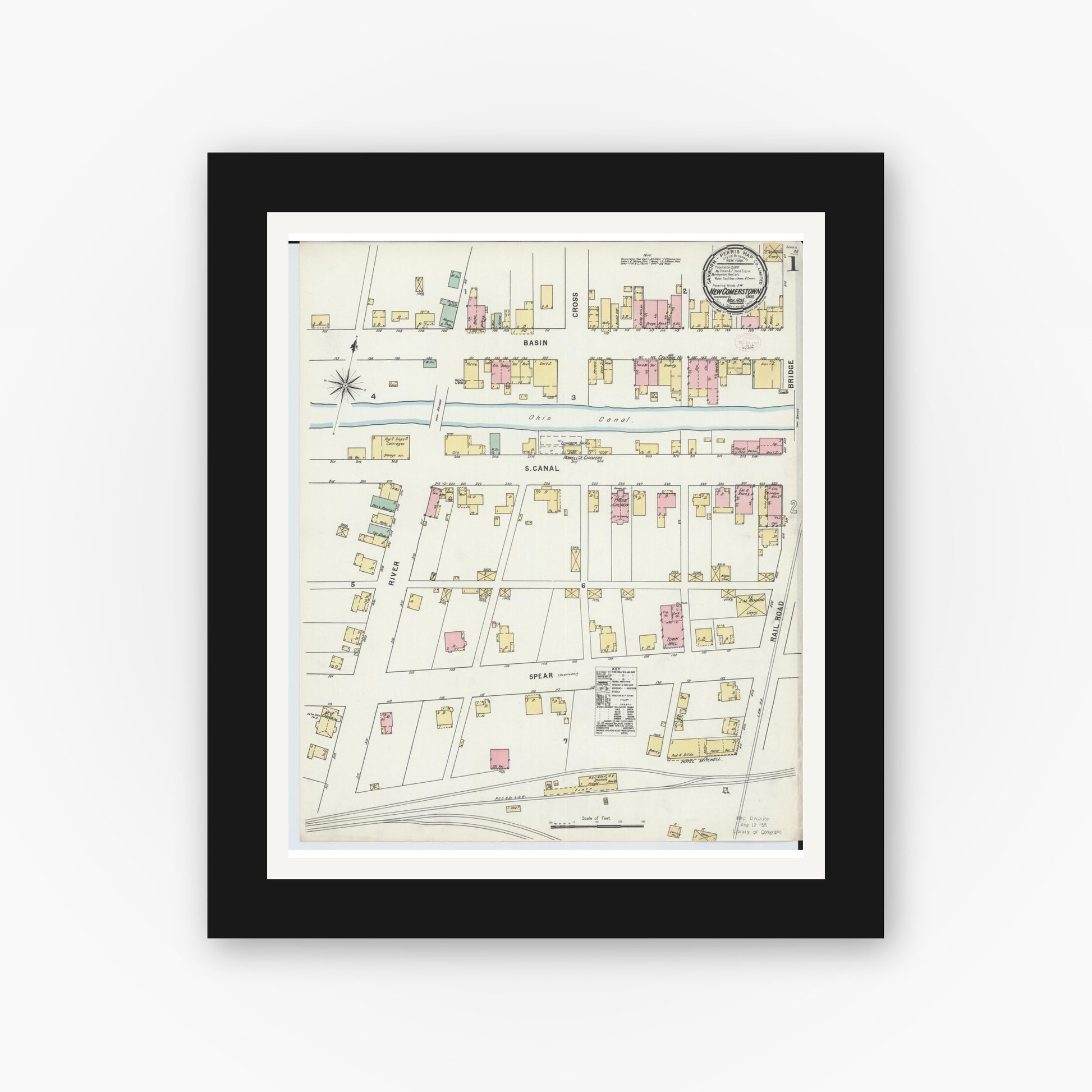 Old map wall art mockup — black gallery frame with white mat — Sanborn Fire Insurance Map from Newcomerstown, Tuscarawas County, Ohio (1895) - Complete Map Set