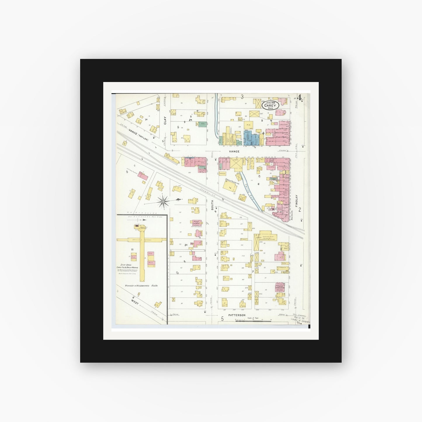 Old map wall art mockup — black gallery frame with white mat — Sanborn Fire Insurance Map from Carey, Wyandot County, Ohio (1908), Sheet #0004