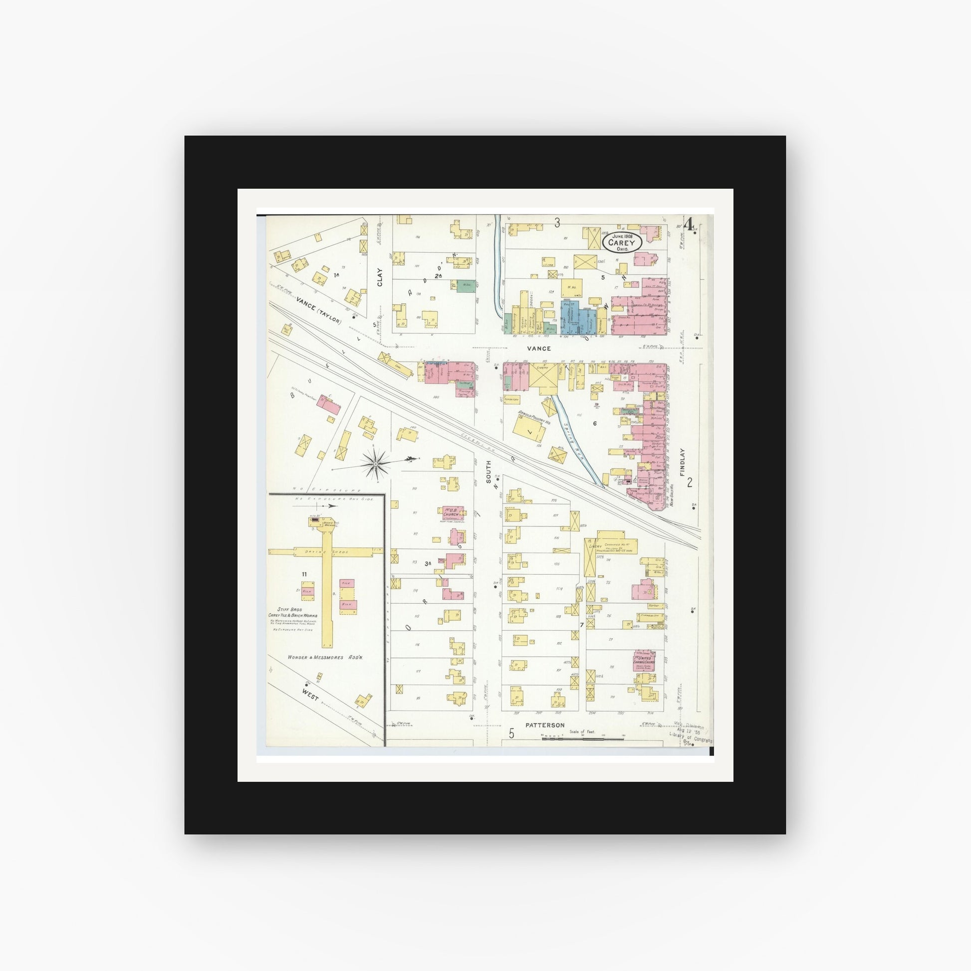 Old map wall art mockup — black gallery frame with white mat — Sanborn Fire Insurance Map from Carey, Wyandot County, Ohio (1908), Sheet #0004
