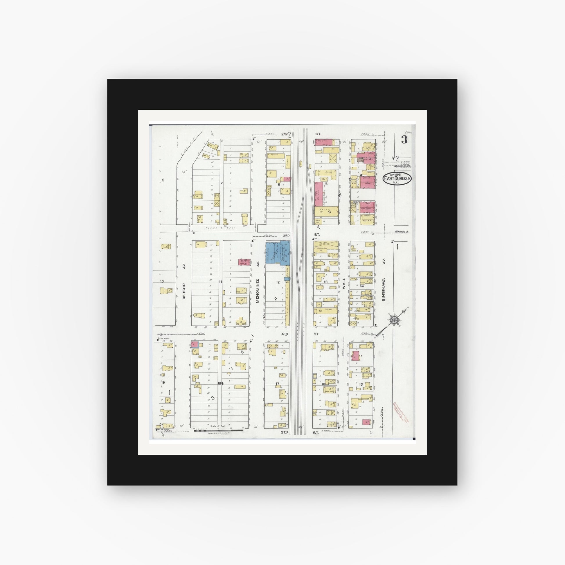 Old map wall art mockup — black gallery frame with white mat — Sanborn Fire Insurance Map from East Dubuque, Jo Daviess County, Illinois (1921), Sheet #0003