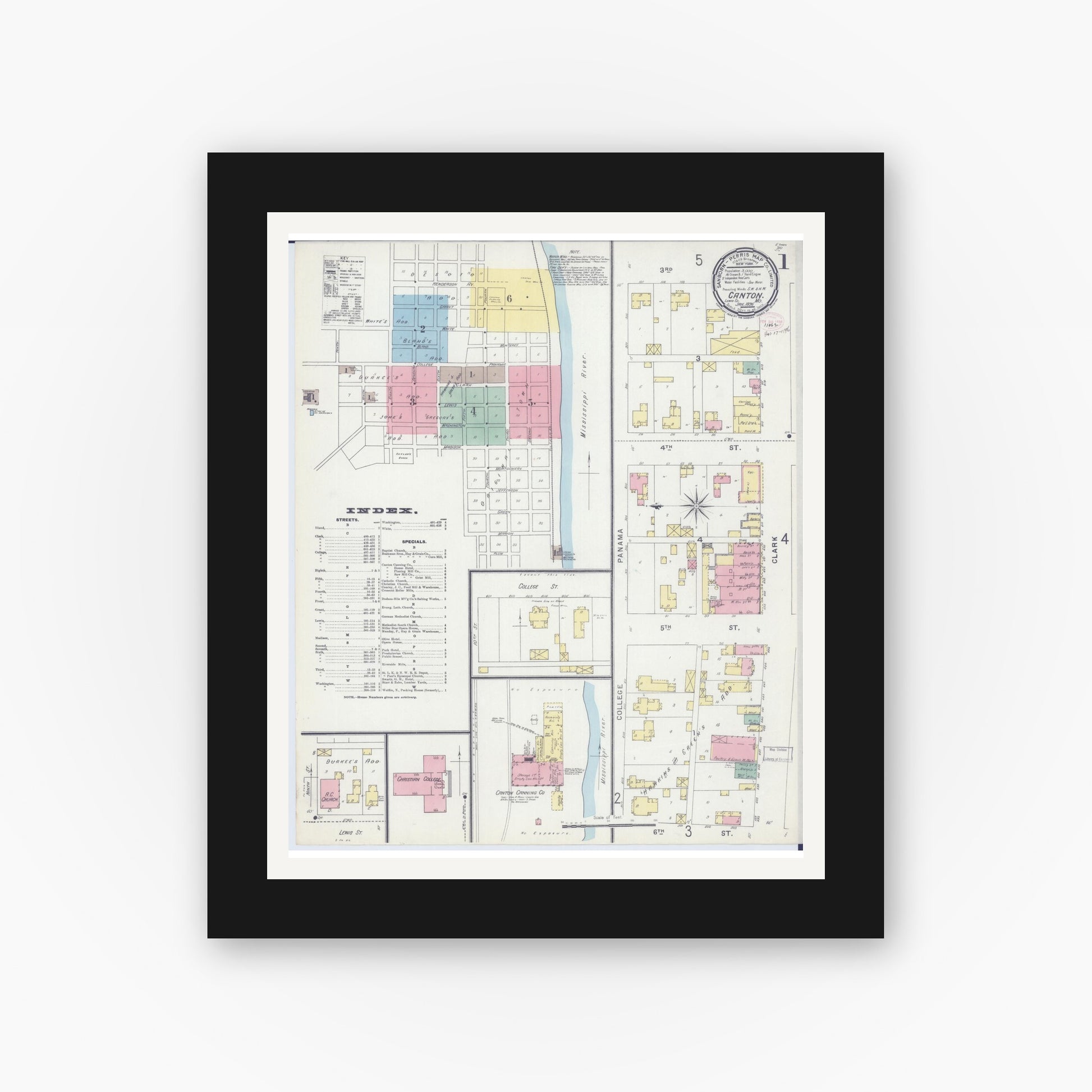 Old map wall art mockup — black gallery frame with white mat — Sanborn Fire Insurance Map from Canton, Lewis County, Missouri (1896) - Complete Map Set