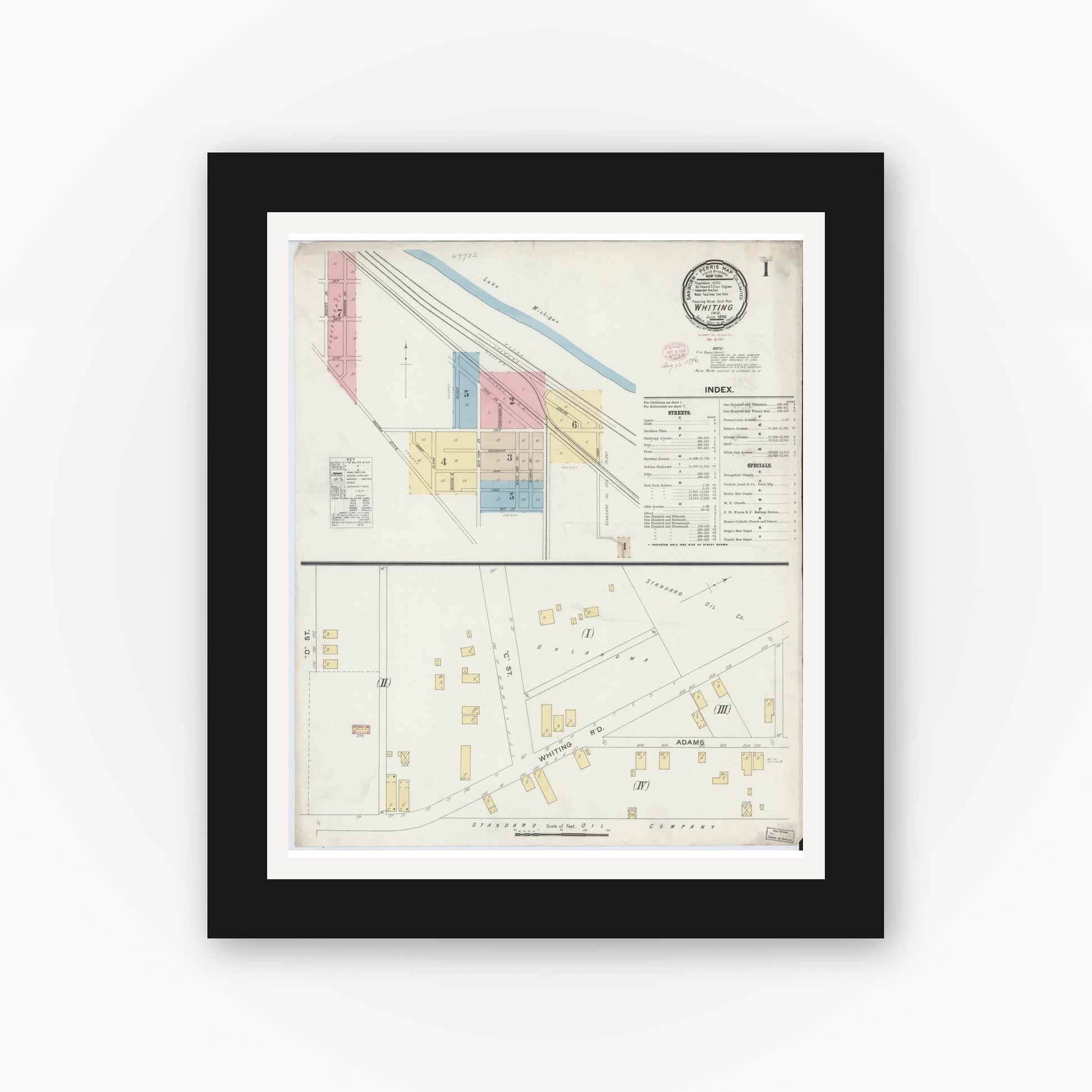 Old map wall art mockup — black gallery frame with white mat — Sanborn Fire Insurance Map from Whiting, Lake County, Indiana (1896), Sheet #0001