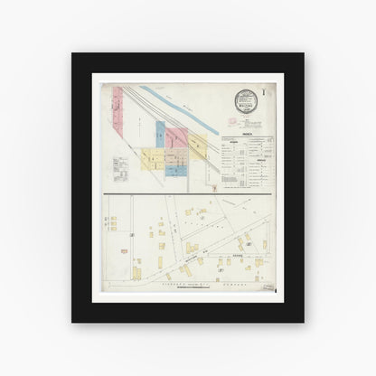 Old map wall art mockup — black gallery frame with white mat — Sanborn Fire Insurance Map from Whiting, Lake County, Indiana (1896), Sheet #0001