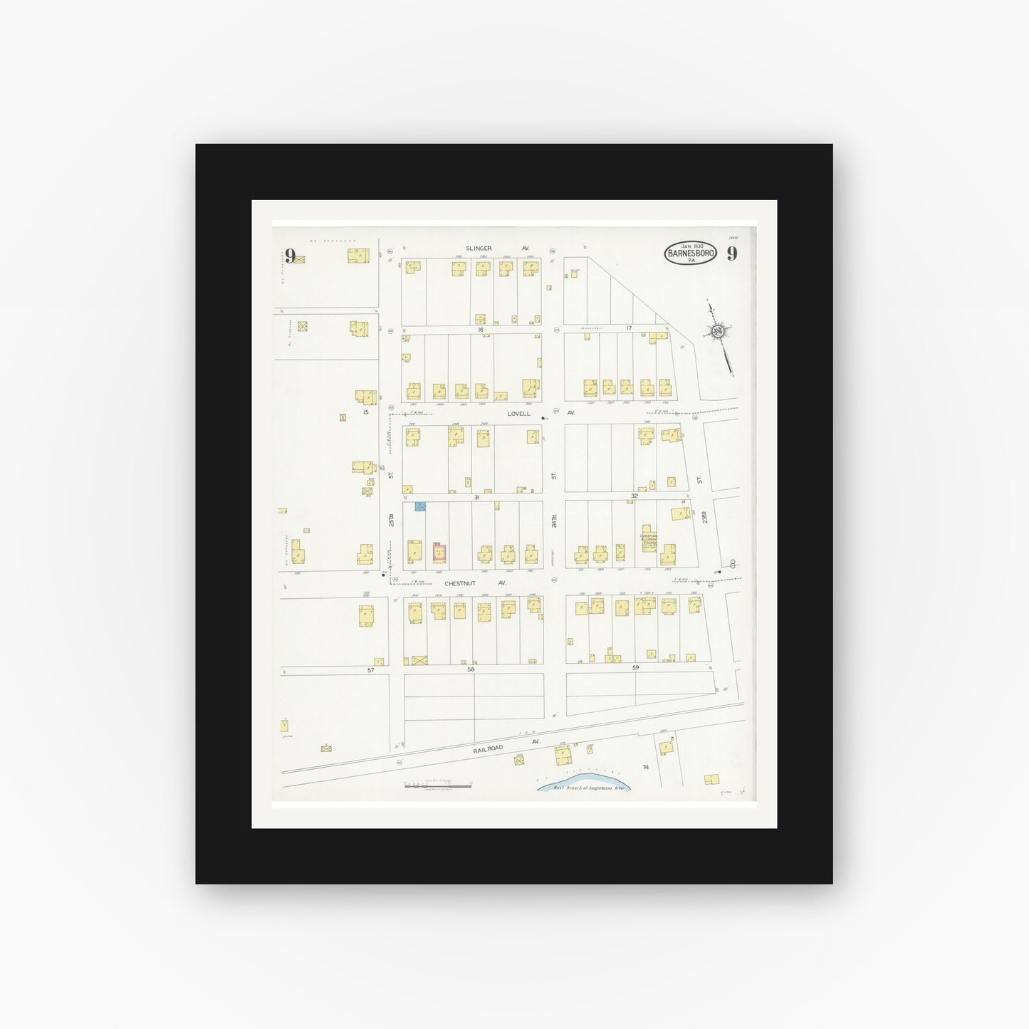 Old map wall art mockup — black gallery frame with white mat — Sanborn Fire Insurance Map from Barnesboro, Cambria County, Pennsylvania (1930), Sheet #0009