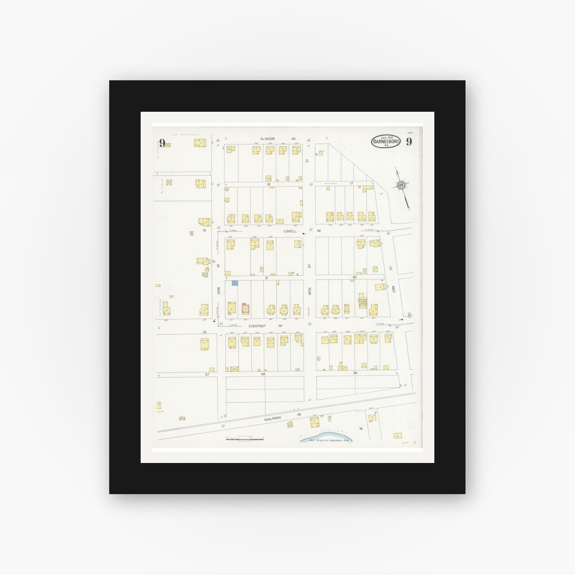 Old map wall art mockup — black gallery frame with white mat — Sanborn Fire Insurance Map from Barnesboro, Cambria County, Pennsylvania (1930), Sheet #0009