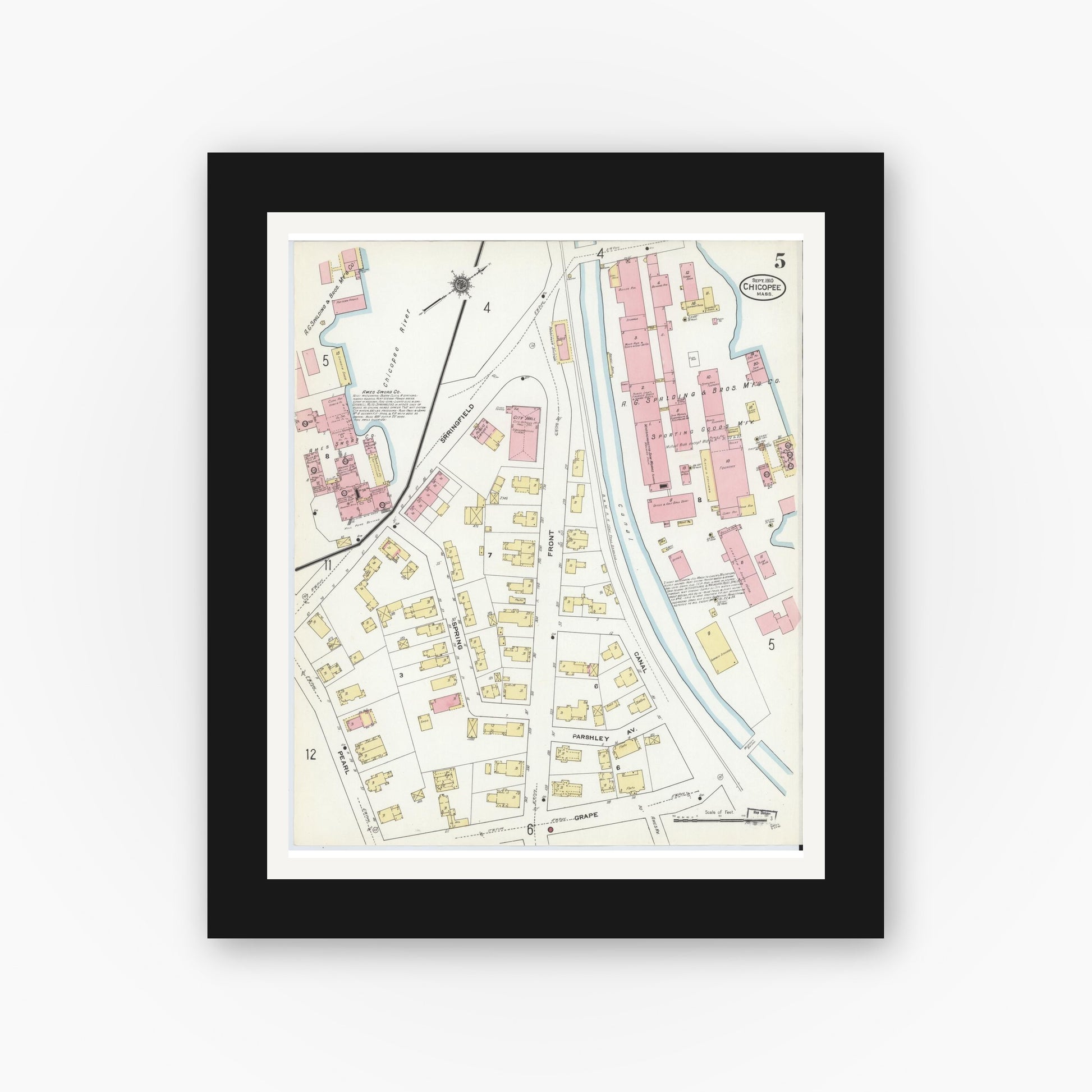 Old map wall art mockup — black gallery frame with white mat — Sanborn Fire Insurance Map from Chicopee, Hampden County, Massachusetts (1910), Sheet #0005