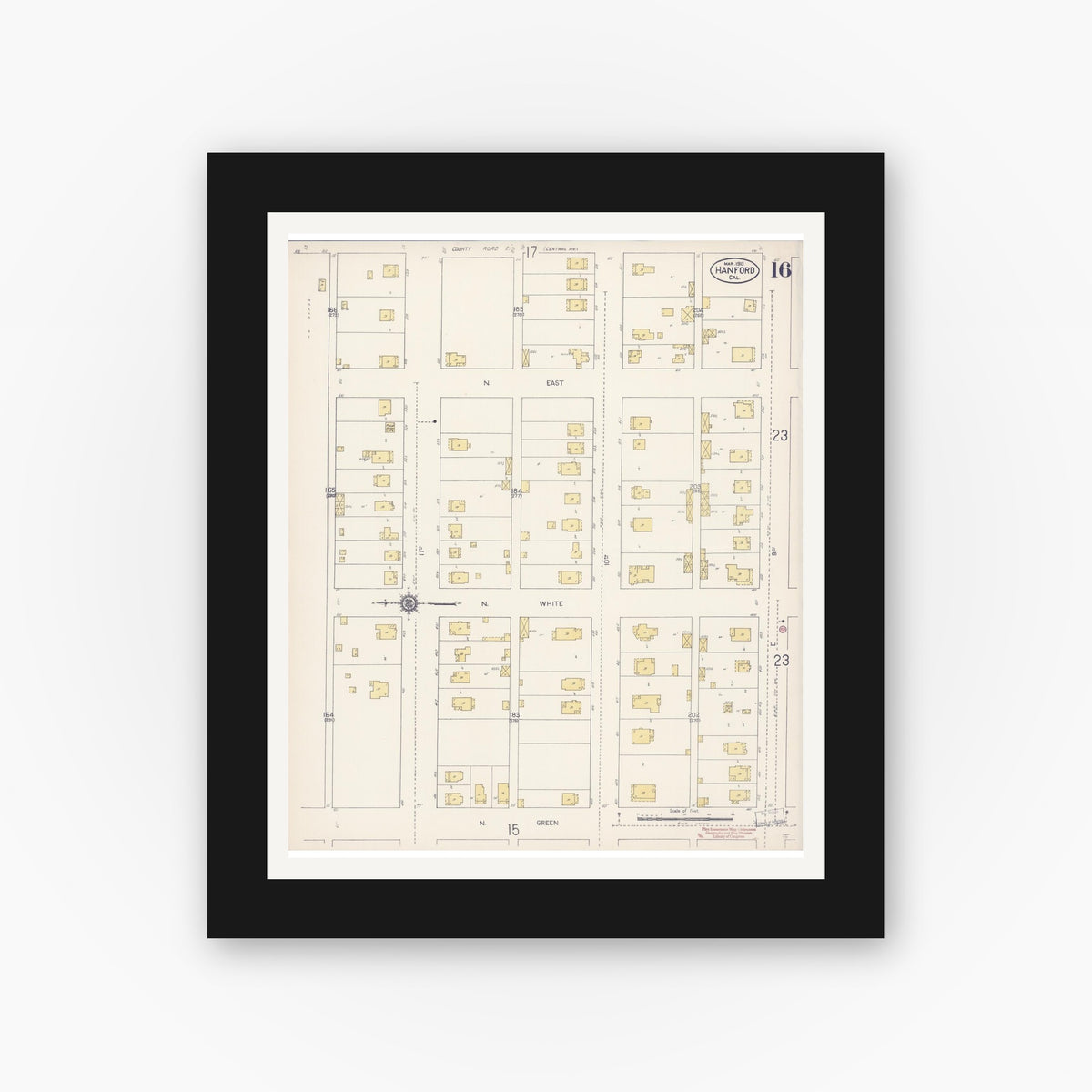 Old map wall art mockup — black gallery frame with white mat — Sanborn Fire Insurance Map from Hanford, Kings County, California (1913), Sheet #0016