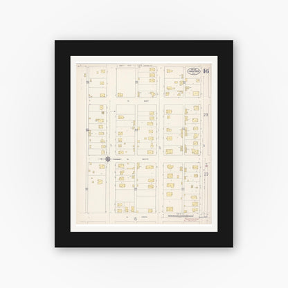 Old map wall art mockup — black gallery frame with white mat — Sanborn Fire Insurance Map from Hanford, Kings County, California (1913), Sheet #0016