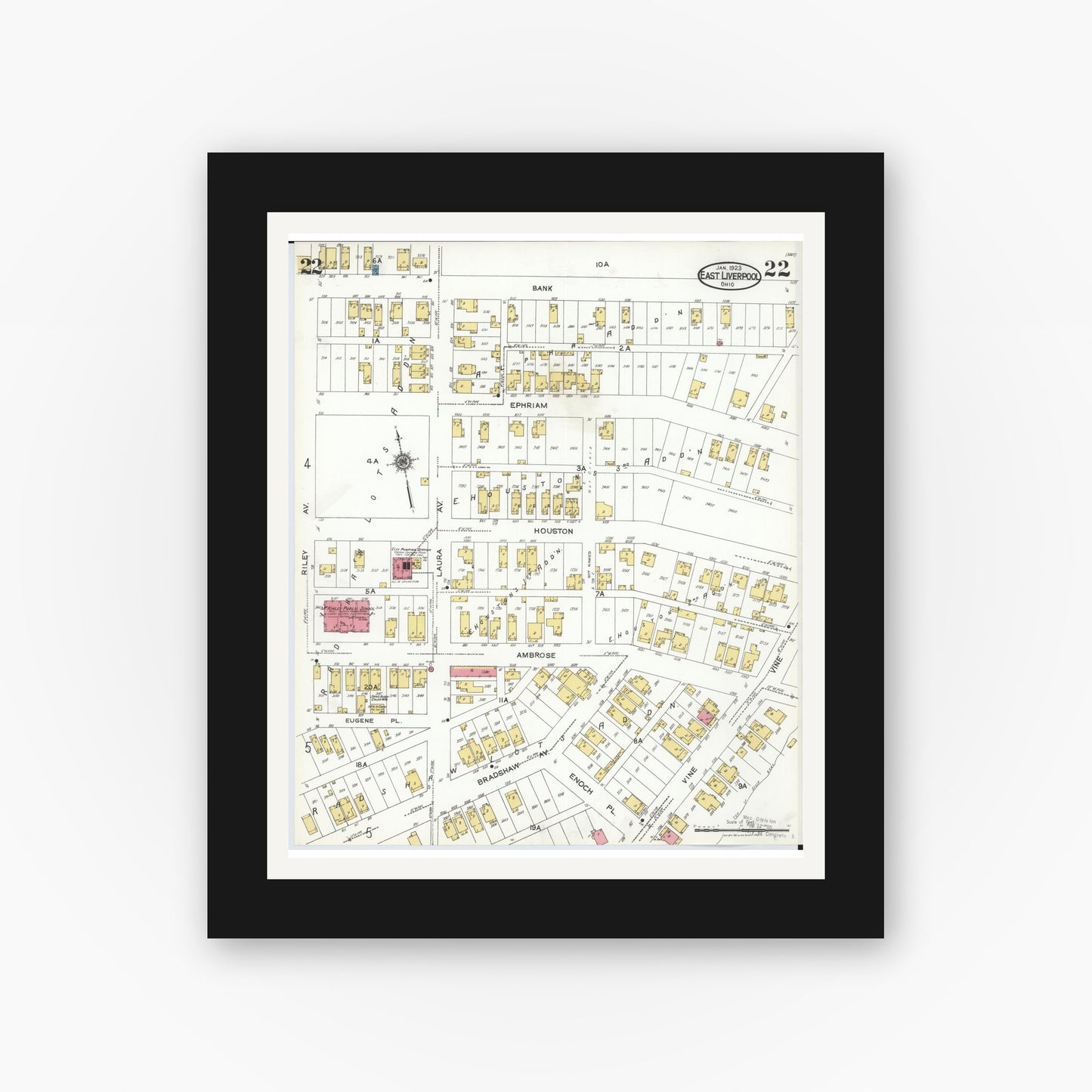 Old map wall art mockup — black gallery frame with white mat — Sanborn Fire Insurance Map from East Liverpool, Columbiana County, Ohio (1923), Sheet #0022