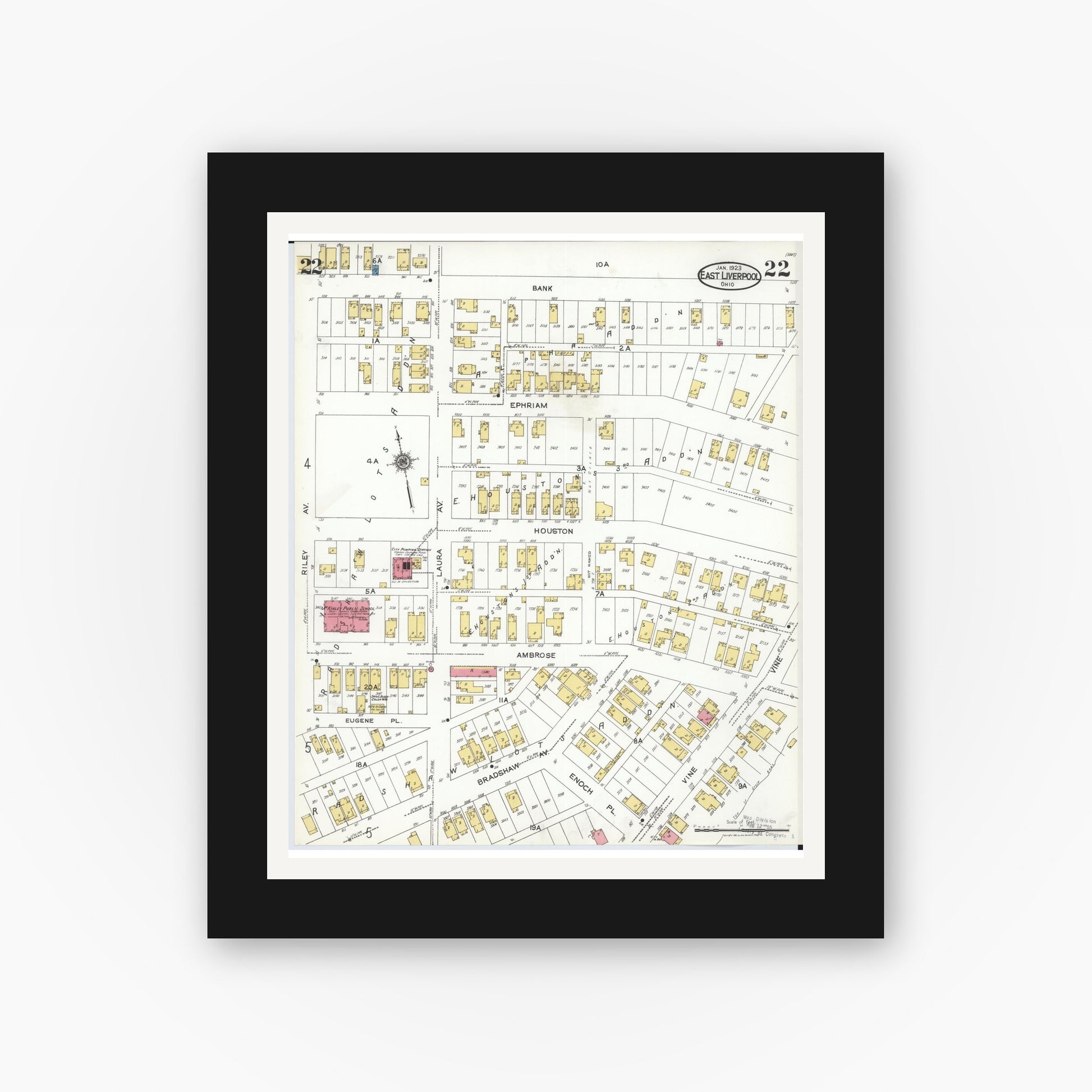 Old map wall art mockup — black gallery frame with white mat — Sanborn Fire Insurance Map from East Liverpool, Columbiana County, Ohio (1923), Sheet #0022