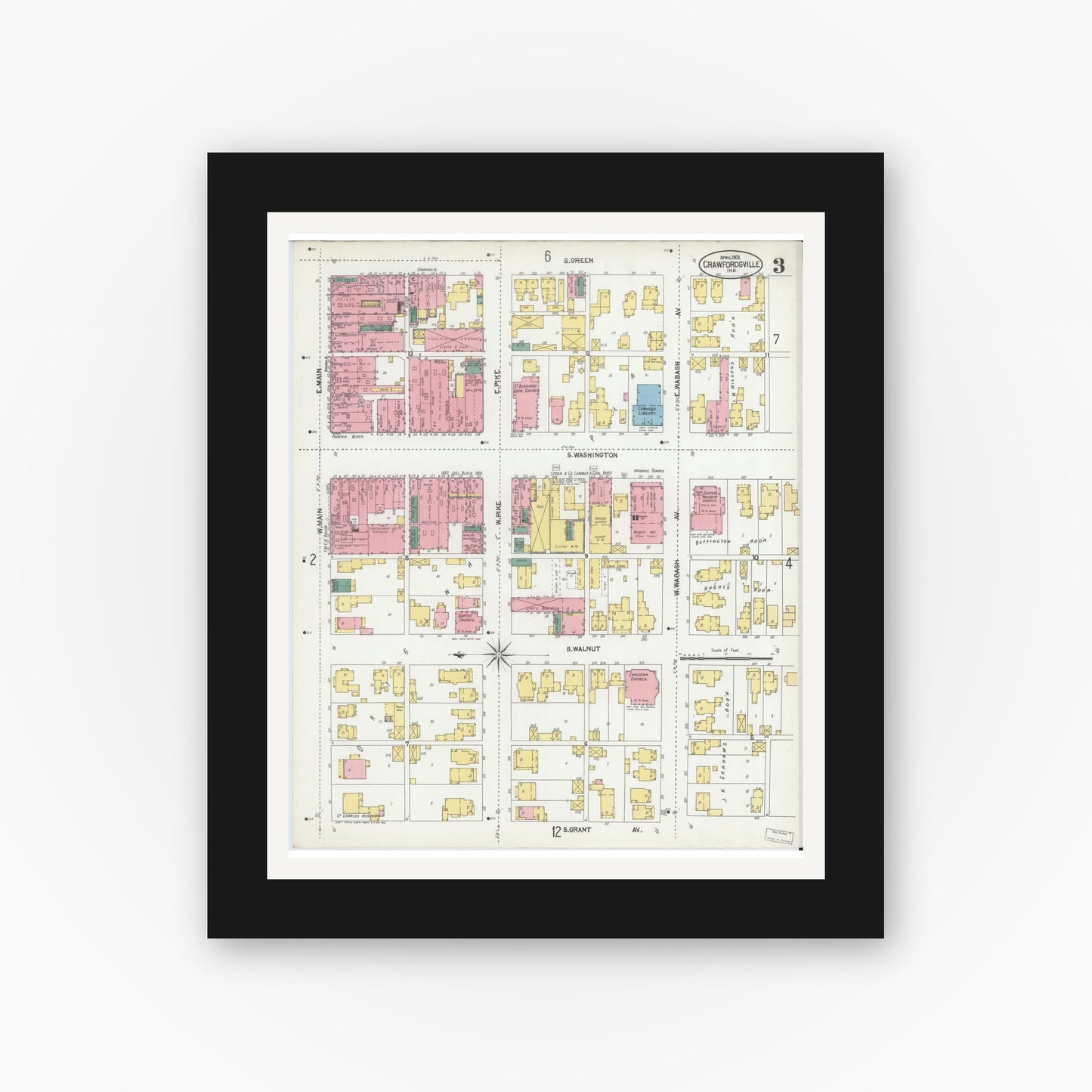 Old map wall art mockup — black gallery frame with white mat — Sanborn Fire Insurance Map from Crawfordsville, Montgomery County, Indiana (1902), Sheet #0003